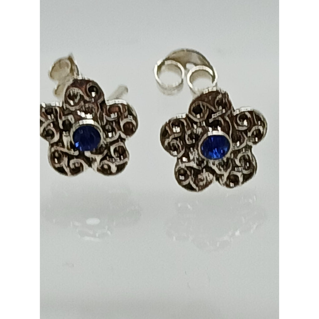 Vintage Estate Jewelry NOS .925 Sterling Silver Blue Crystal Flower Earrings - HoneyThomas.com