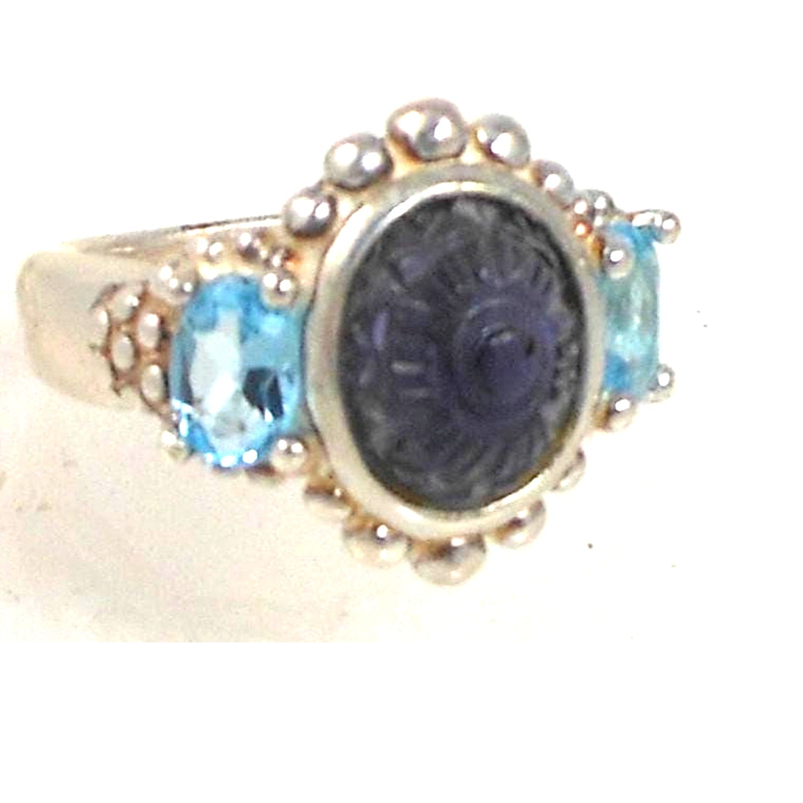 Handcrafted Vintage Blue Topaz Sterling Silver Ring Carved Chalcedony Size 4.5
