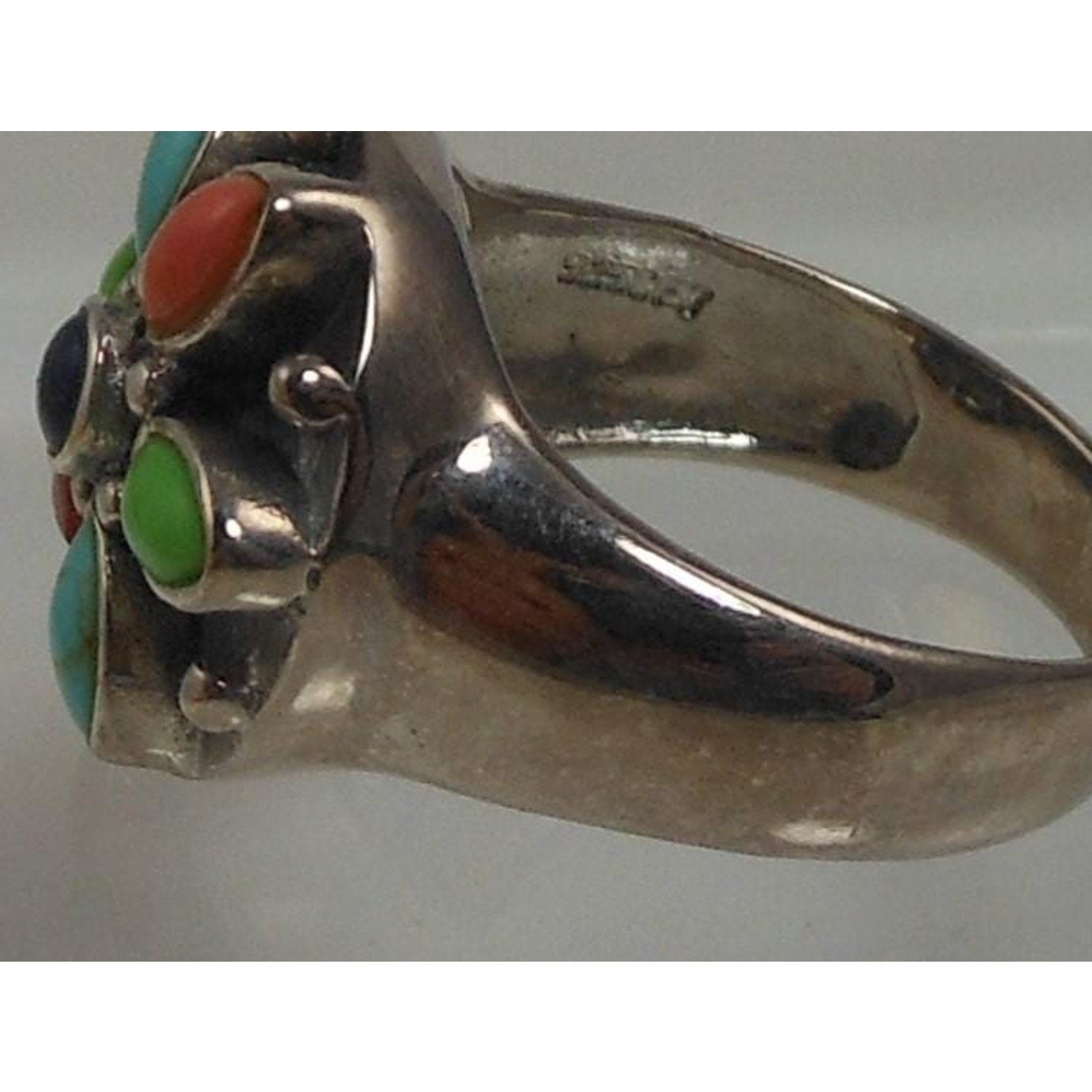 Vintage Designer Sterling Silver Turquoise Coral Garnet Ring - Size 7.75 - HoneyThomas.com