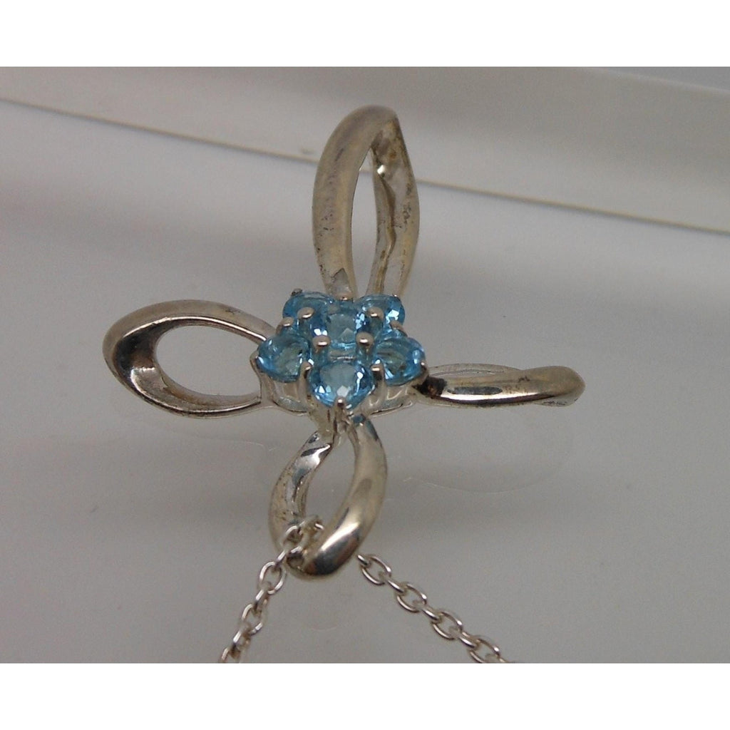 Vintage Sterling Silver Blue Topaz Flower Slide Cross Pendant Necklace Chain - HoneyThomas.com