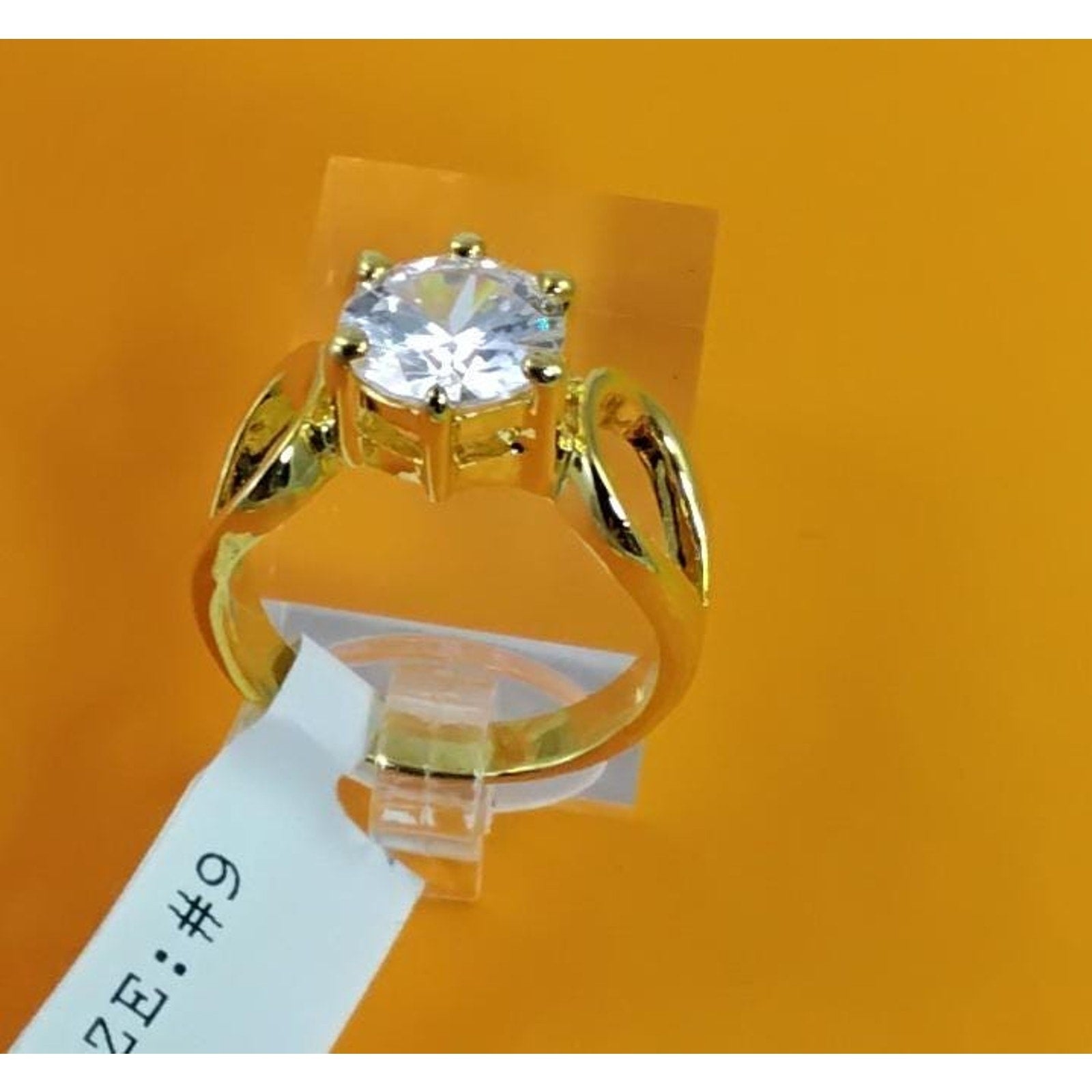 1990s Gold Plated 3.25 CT Size 9 Solitaire Engagement Cocktail Sim Diamond Ring - HoneyThomas.com