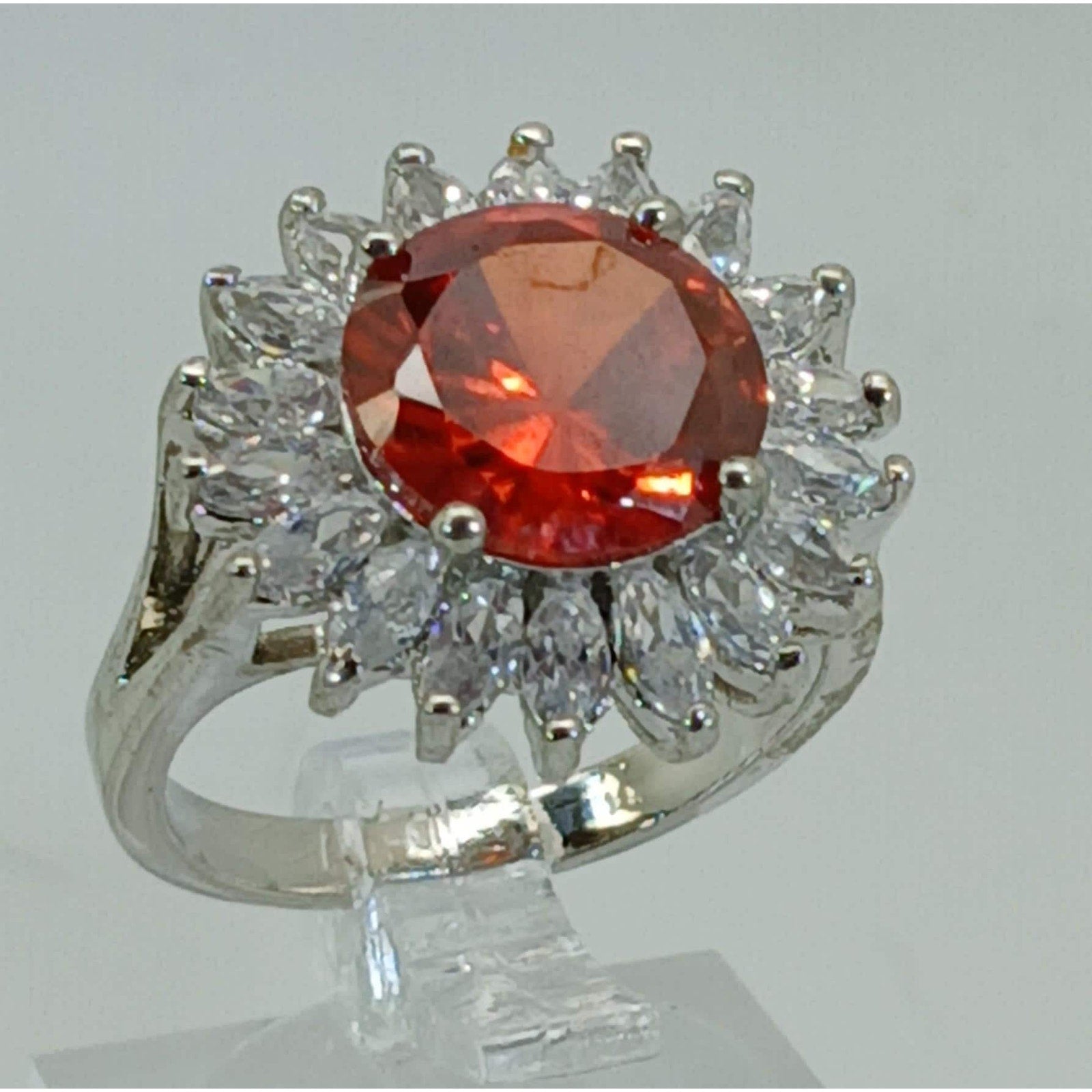 Vintage Ring Size 6.5 Silver Tone White Gold GP Orange CZ Cluster Cocktail NOS