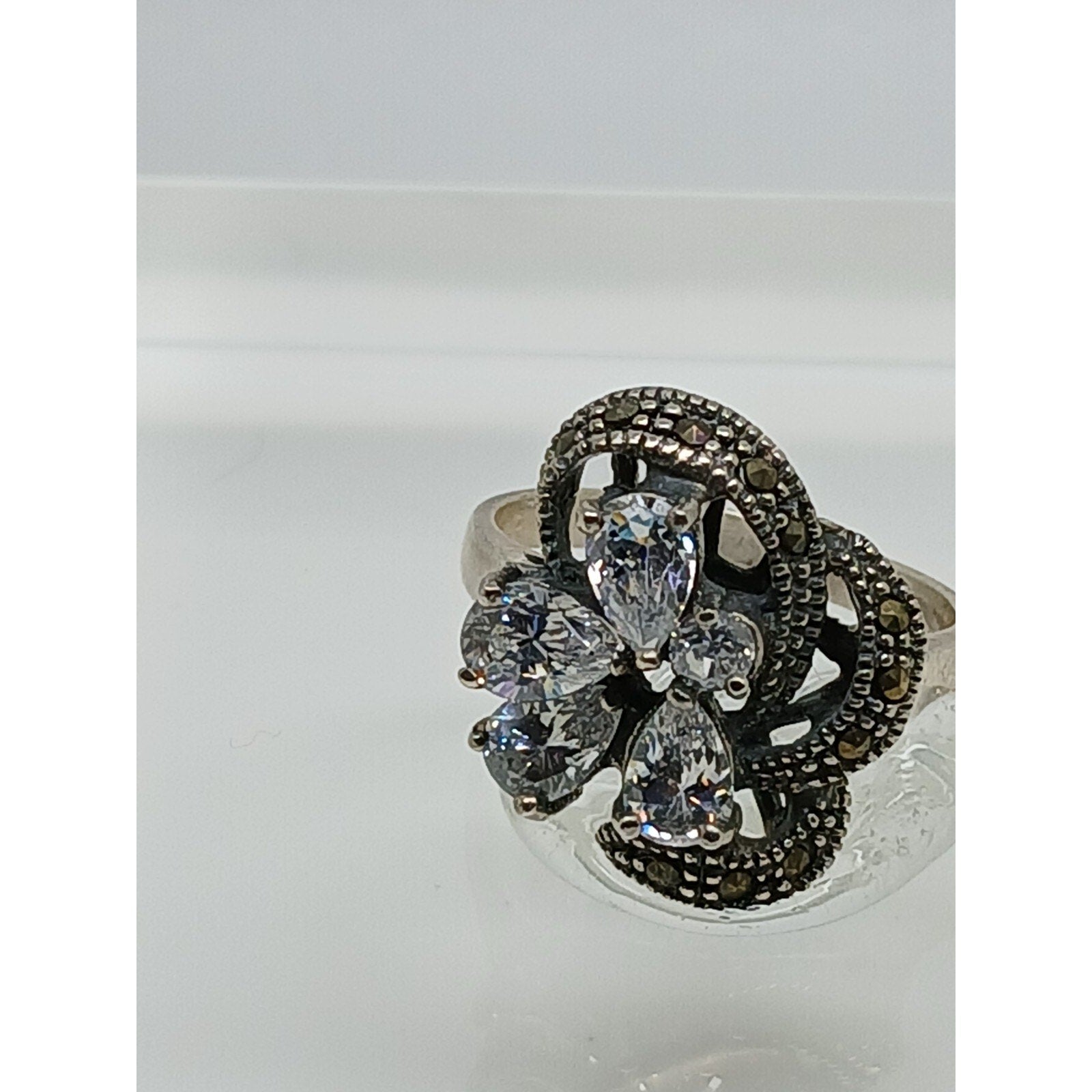 1990's Vintage Antique-Style Marcasite Sterling Silver Diamond CZ Size Ring 8.5 - HoneyThomas.com