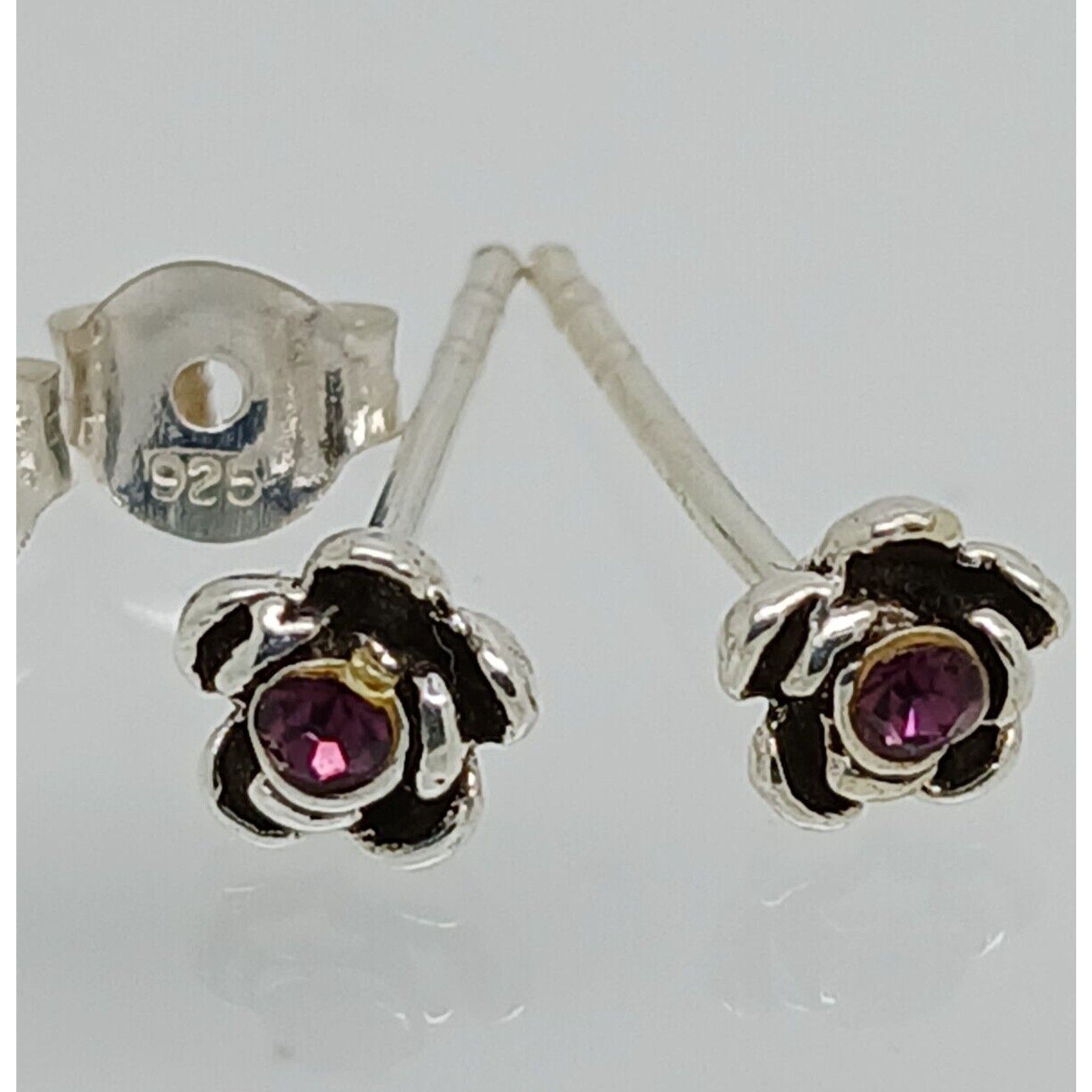 Vintage Estate Jewelry NOS .925 Sterling Silver Purple Rose Crystal Earrings - HoneyThomas.com