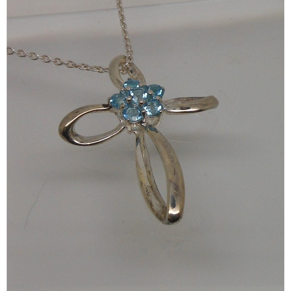 Vintage Sterling Silver Blue Topaz Flower Slide Cross Pendant Necklace Chain - HoneyThomas.com