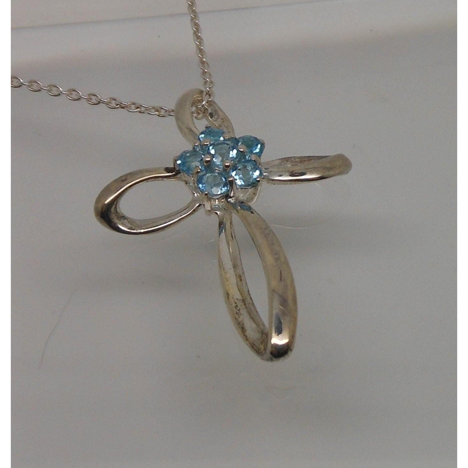 Vintage Sterling Silver Blue Topaz Flower Slide Cross Pendant Necklace Chain - HoneyThomas.com