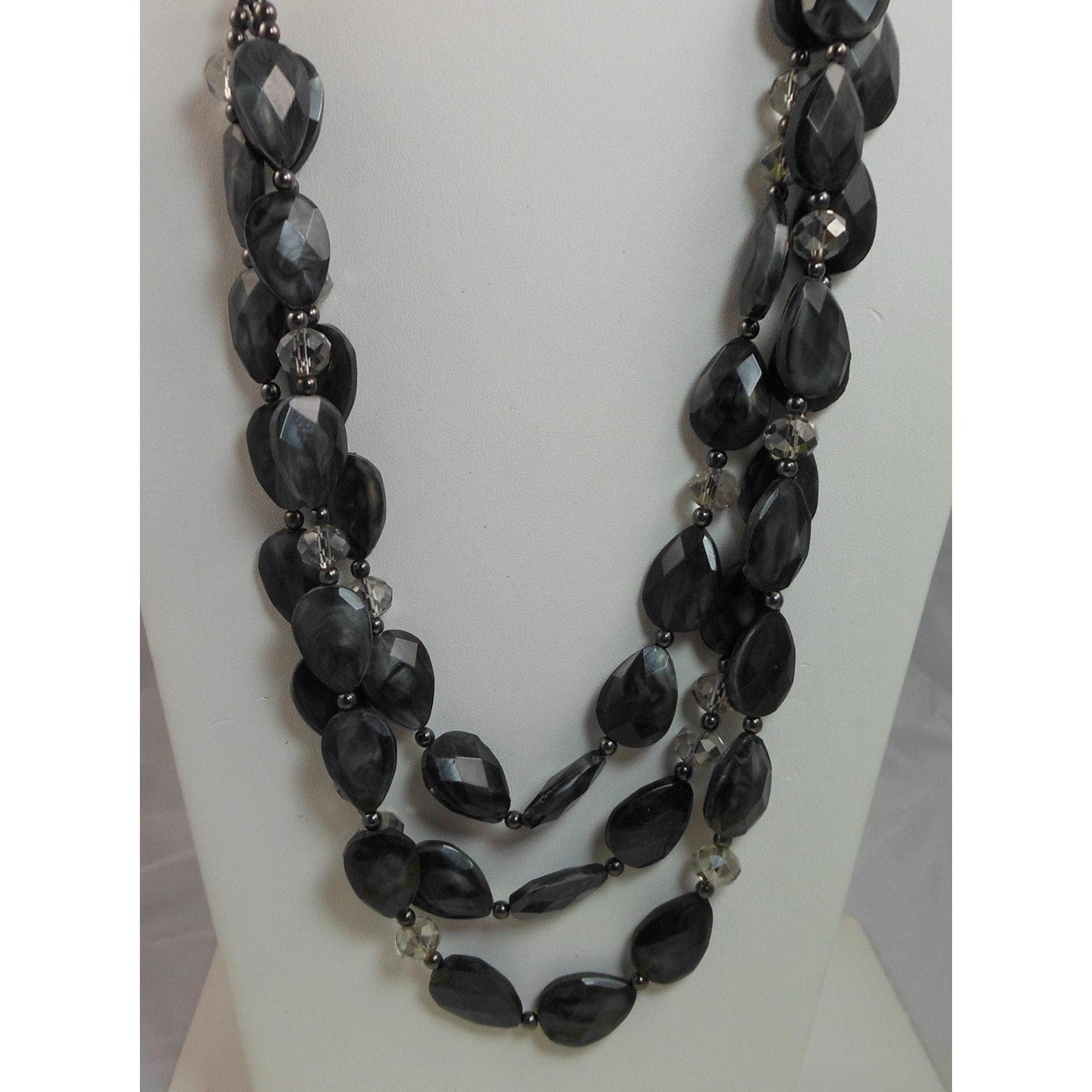 Vintage Three Strand Crystal Pendant Black Grey Necklace - Designer Signed - HoneyThomas.com