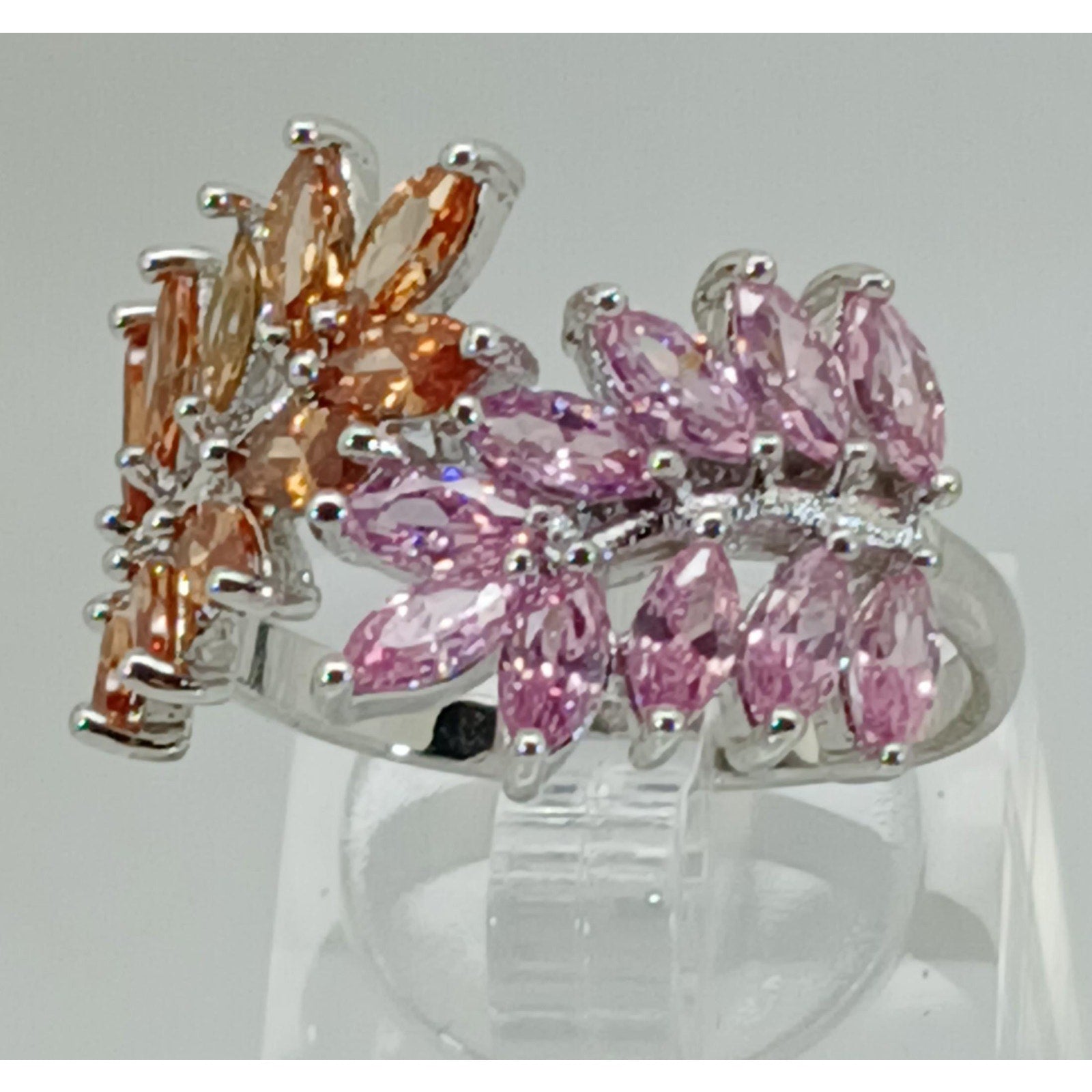 Vintage Ring Size 9.5 Silver Tone White Gold GP Pink Champagne Amber CZ Spray Cocktail