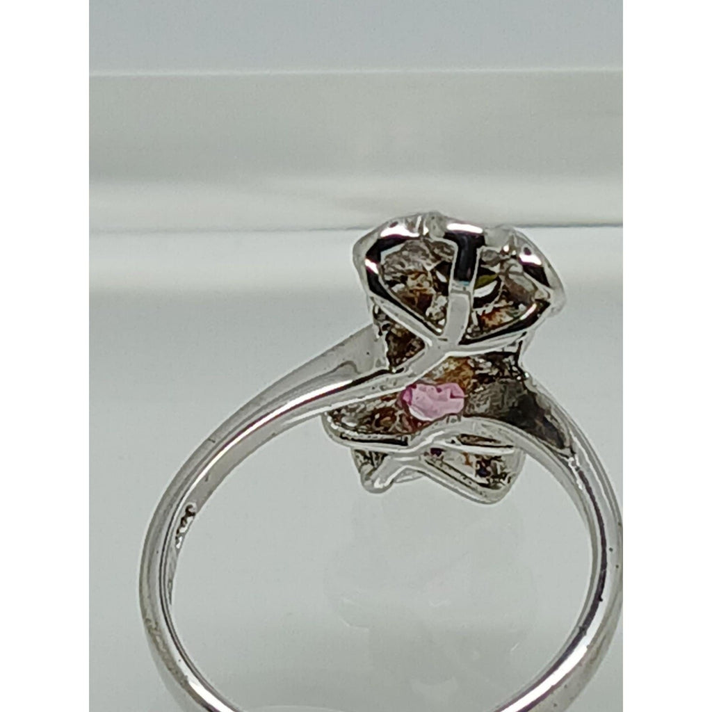 1990's Vintage Sterling Silver Flower Bypass Ring Pink & Green Tourmaline Size 7 - HoneyThomas.com