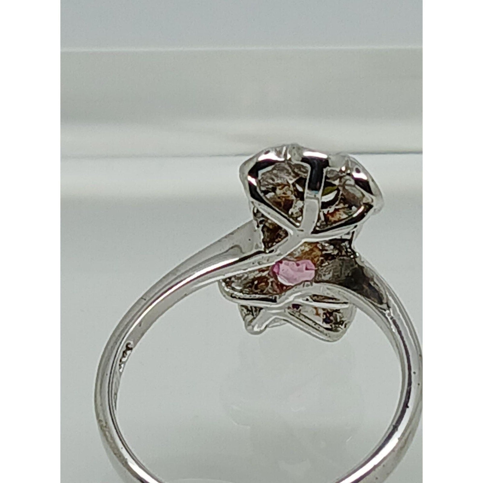 1990's Vintage Sterling Silver Flower Bypass Ring Pink & Green Tourmaline Size 7 - HoneyThomas.com