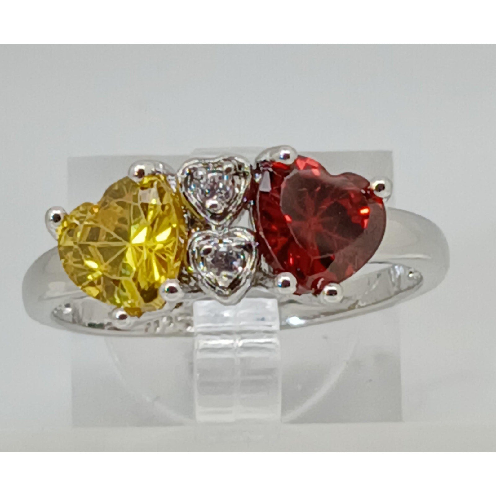 Vintage Ring Size 10.5 Silver Tone White Gold Plated Purple Yellow CZ Hearts