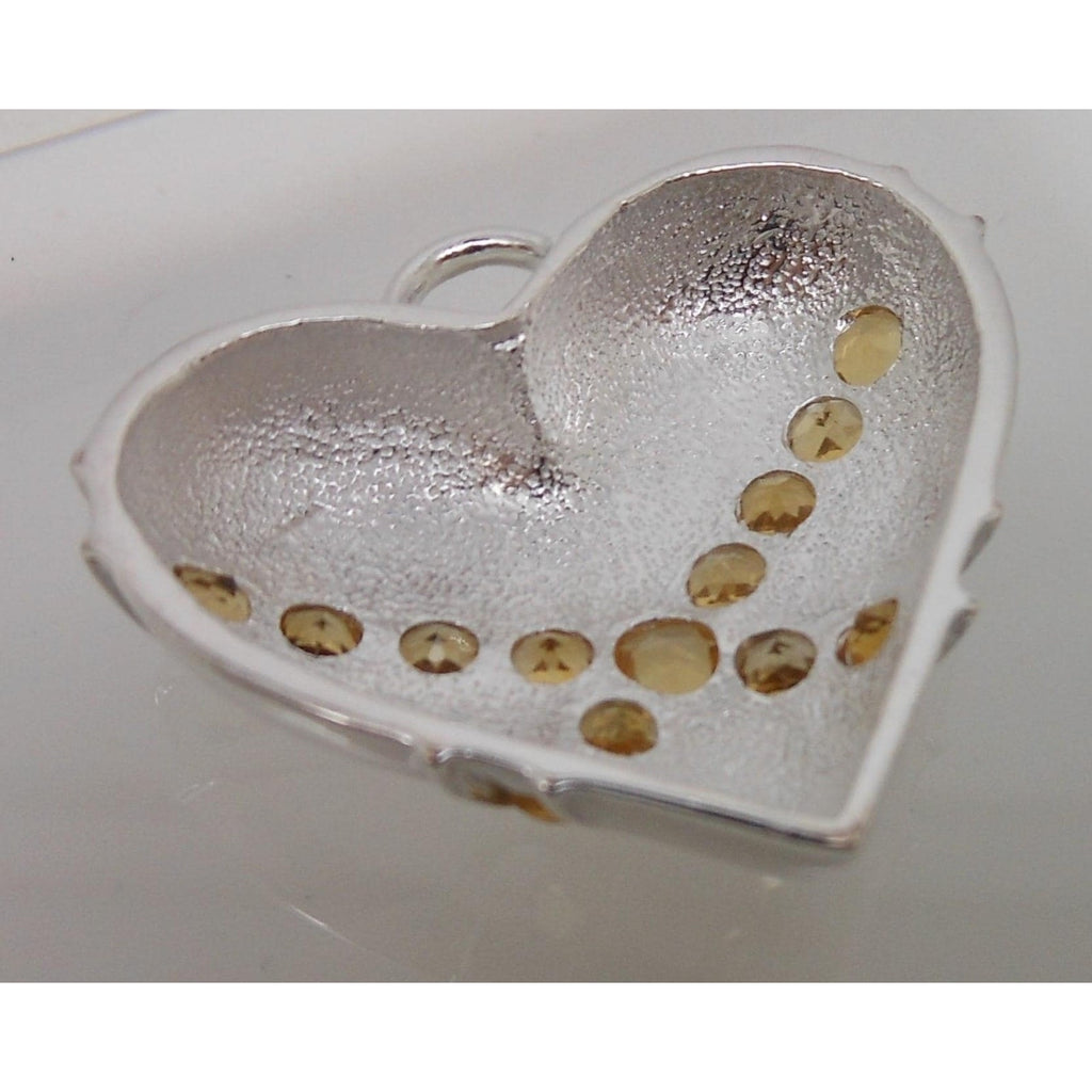 1990s Vintage Citrine Sterling Silver Gemstone Necklace Puff Heart Pendant Boxed - HoneyThomas.com