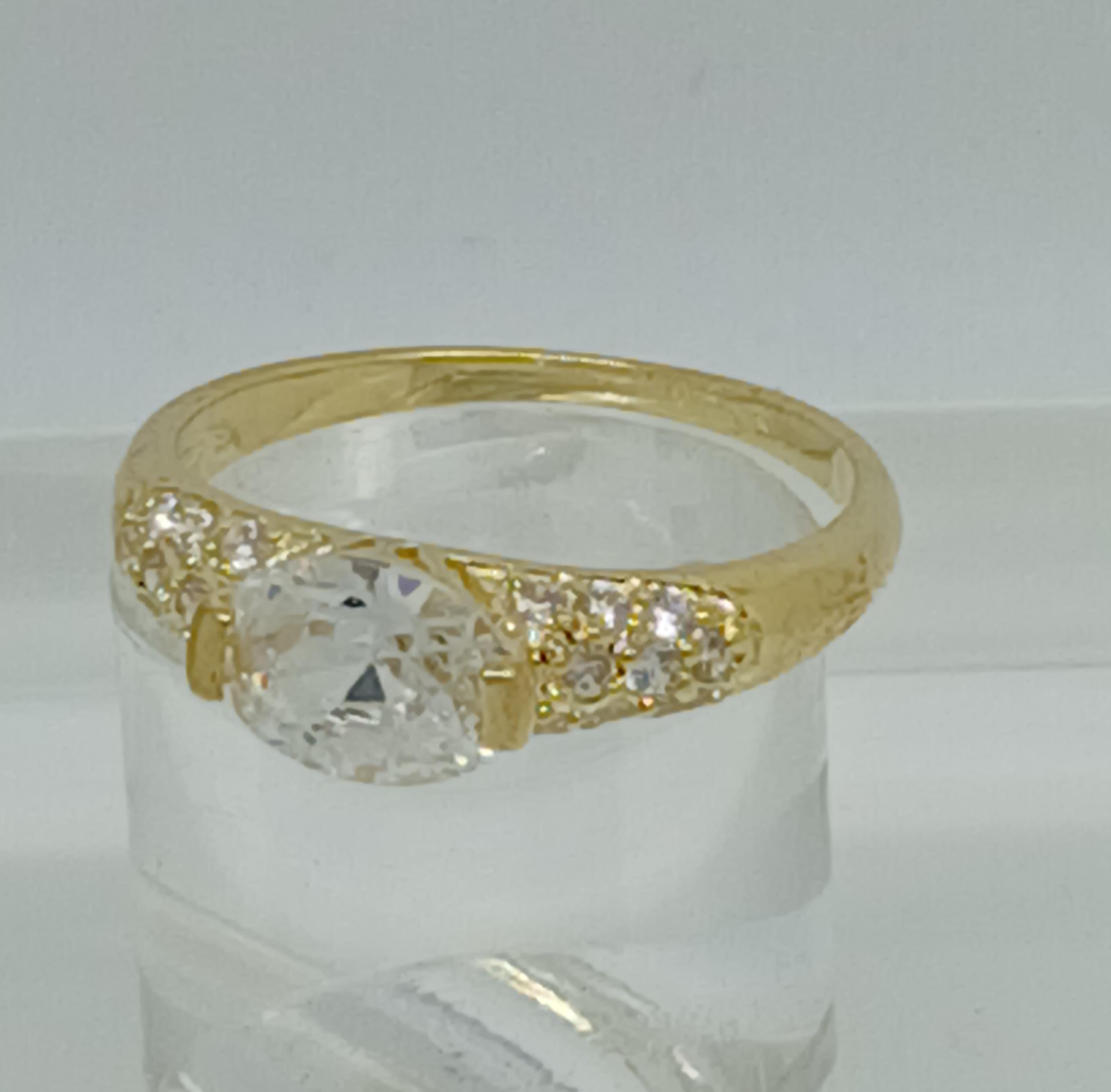 Vintage Gold Plated CZ Engagement Ring: Simulated Diamond Wedding Band, Size 8