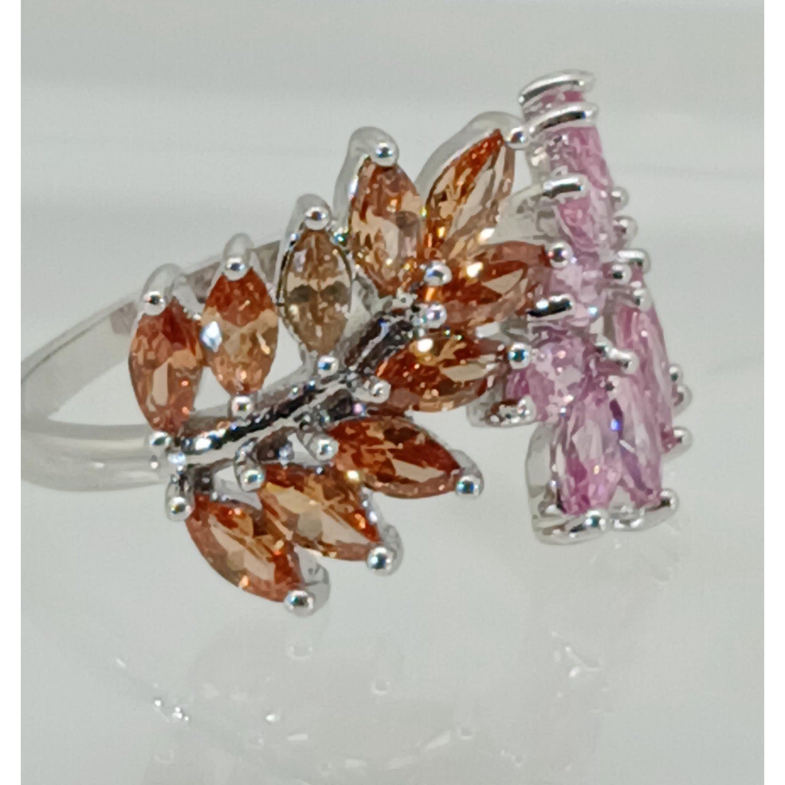 Vintage Ring Size 9.5 Silver Tone White Gold GP Pink Champagne Amber CZ Spray Cocktail