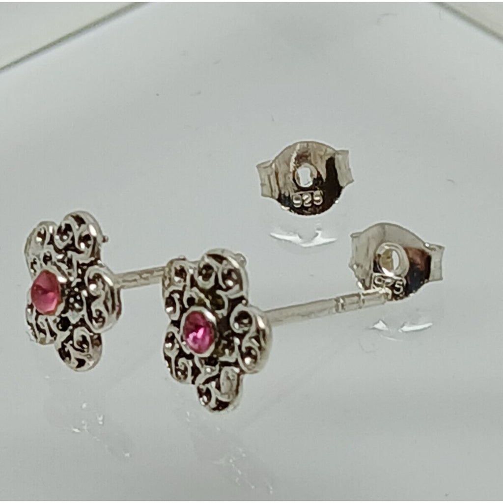 Vintage Estate Jewelry NOS .925 Sterling Silver Pink Crystal Flower Earrings - HoneyThomas.com