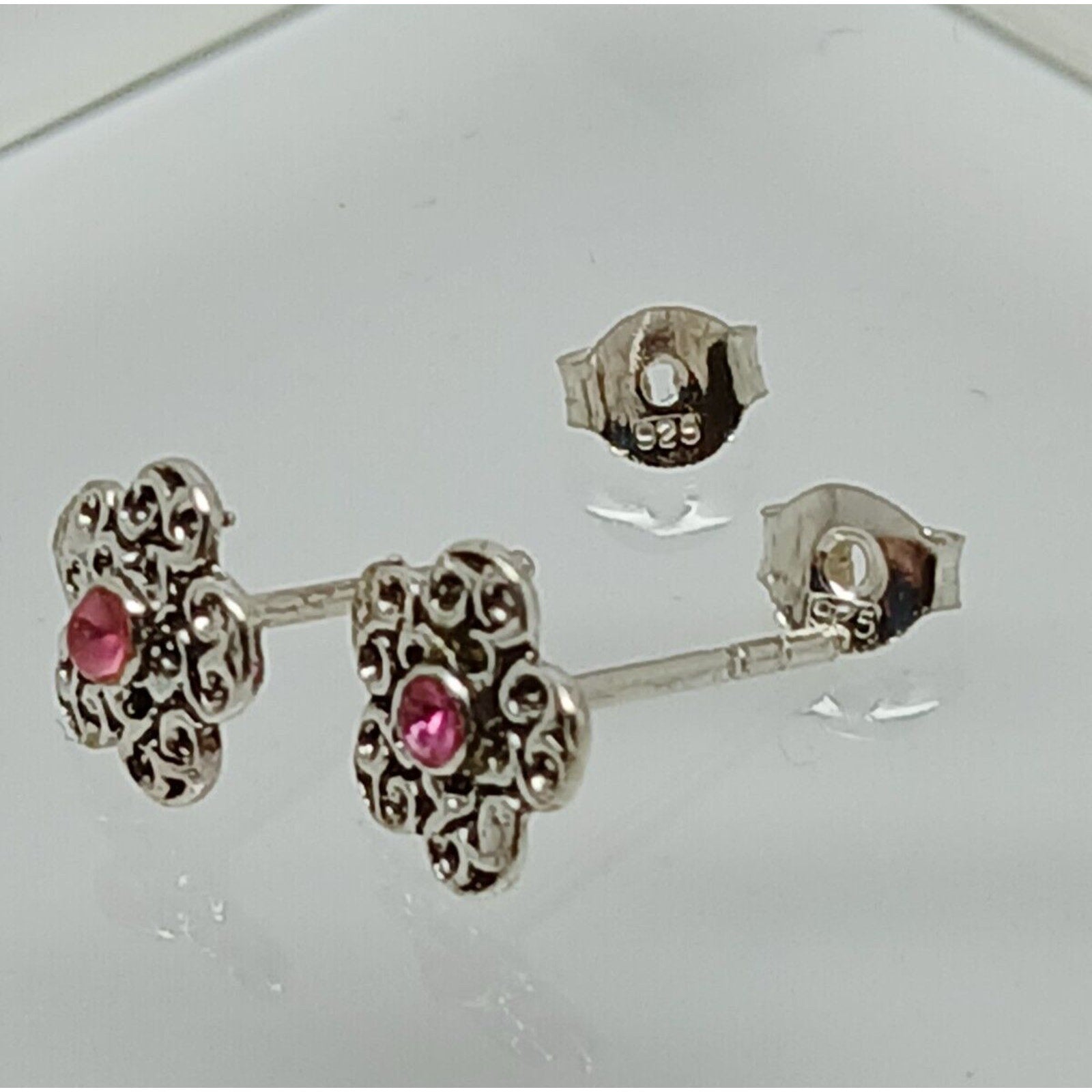 Vintage Estate Jewelry NOS .925 Sterling Silver Pink Crystal Flower Earrings - HoneyThomas.com