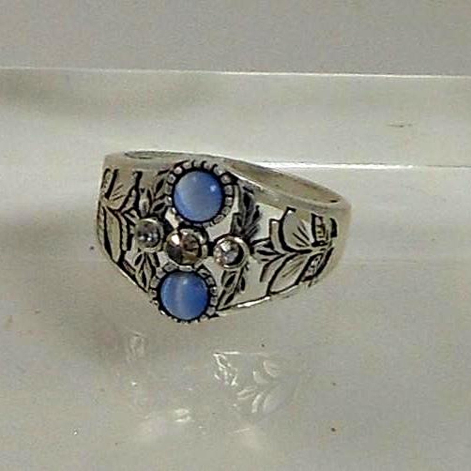 Vintage Sterling Silver Blue Cat's Eye Chrysoberyl CZ Ring NOS Size 8.25 3.4g