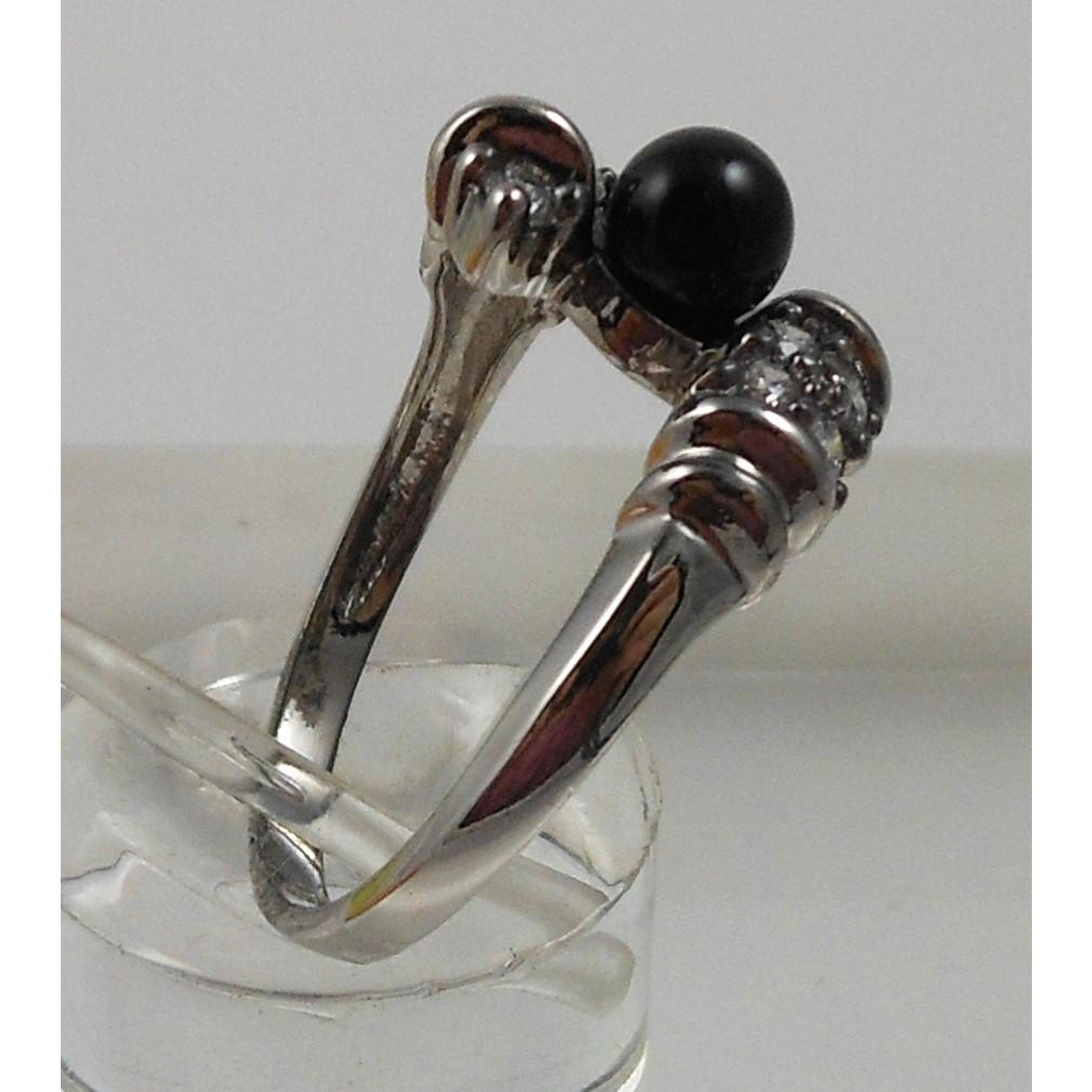 Vintage Black Onyx Bead Ring Sterling Silver 7.5 CZ Accent Bypass Band Thailand - HoneyThomas.com