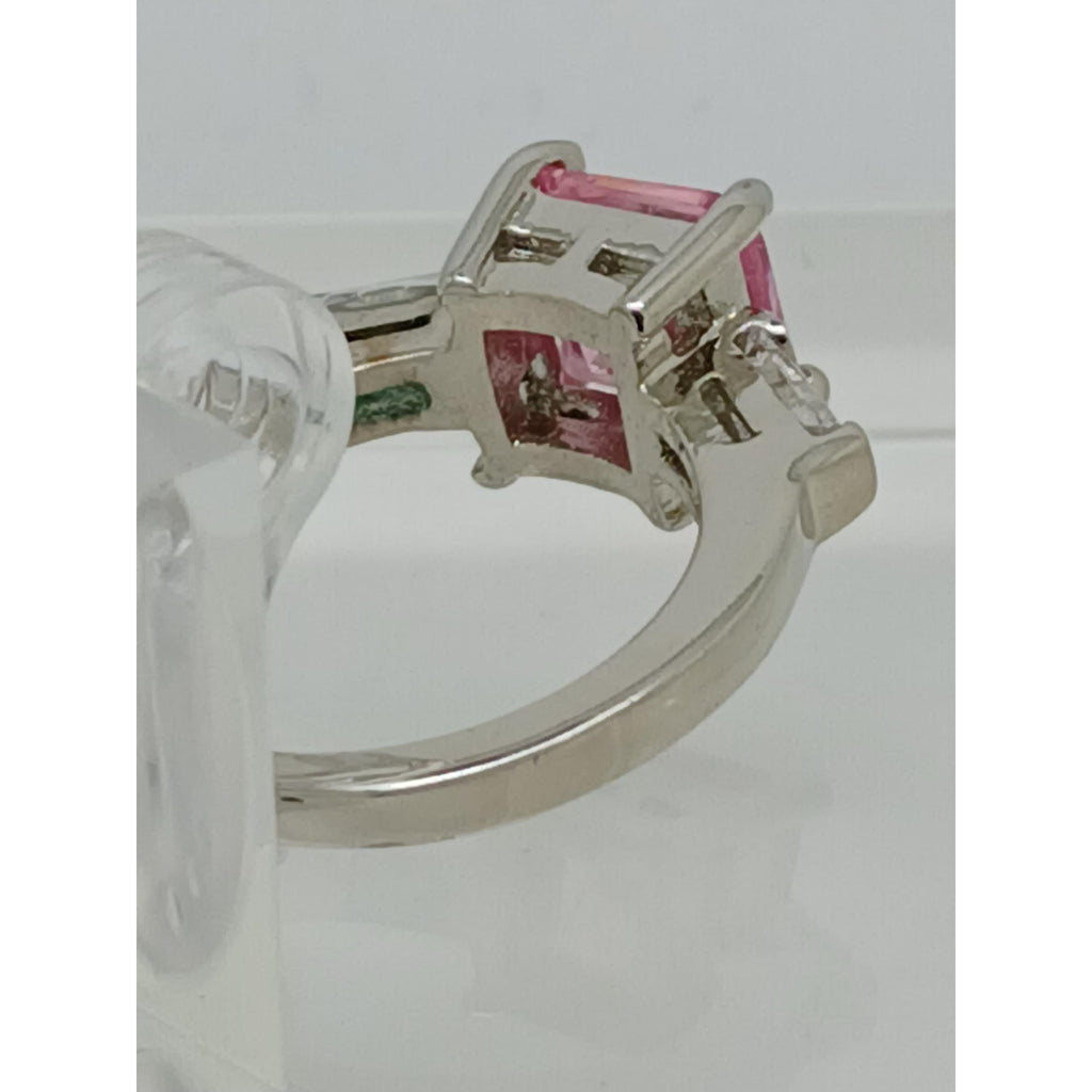 3.5CT Vintage White Gold Plated Pink Princess Cut CZ Engagement Ring Size 6 - Radiant Cut Side Stones, New-Old-Stock