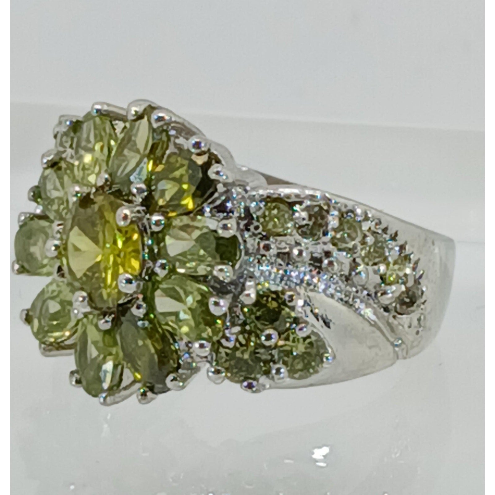 Vintage Ring Size 5.25 Silver Tone White Gold GP Lemon Olivine CZ Floral Cluster - HoneyThomas.com