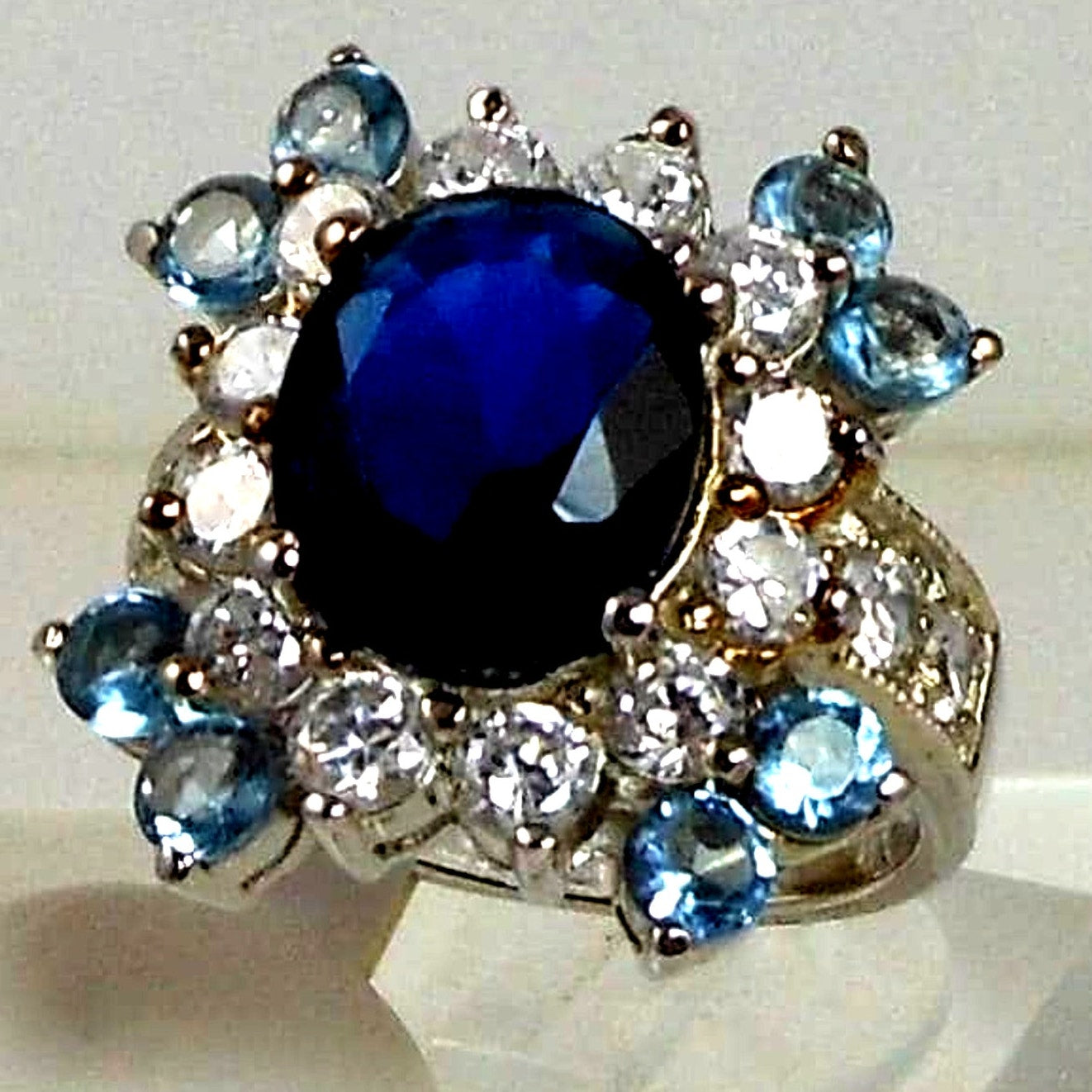 Sterling Silver Cocktail Ring Simulated Diamond Sapphire Topaz CZ Vintage Size 6