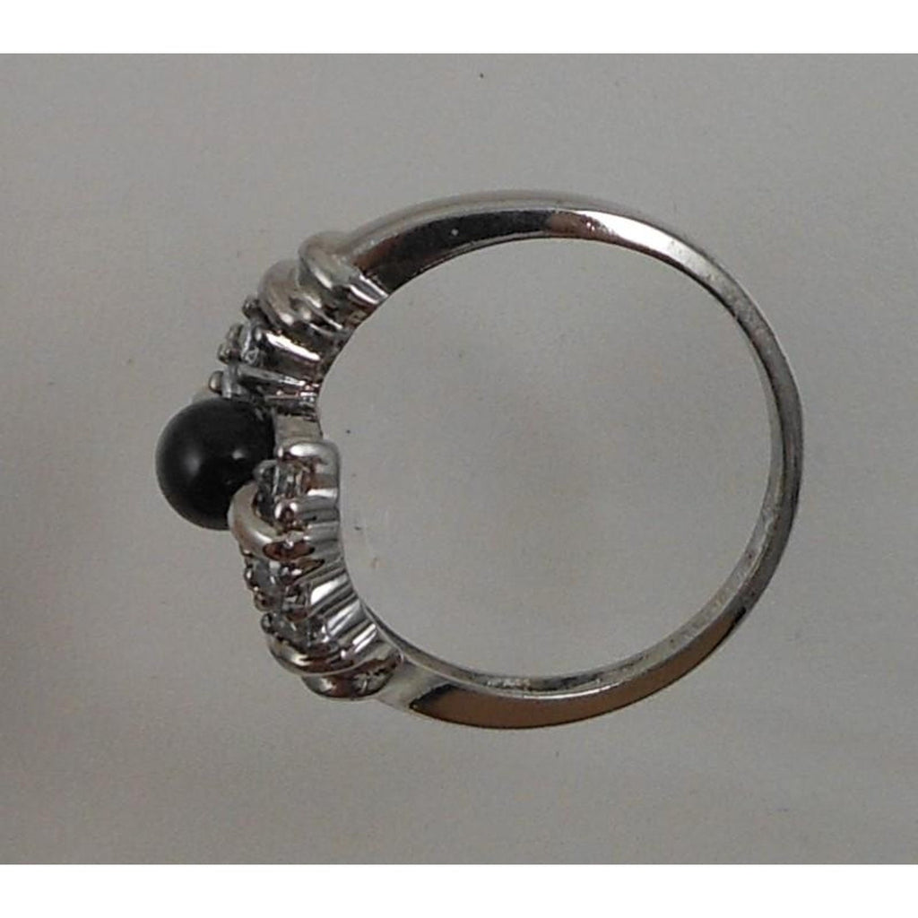Vintage Black Onyx Bead Ring Sterling Silver 7.5 CZ Accent Bypass Band Thailand - HoneyThomas.com