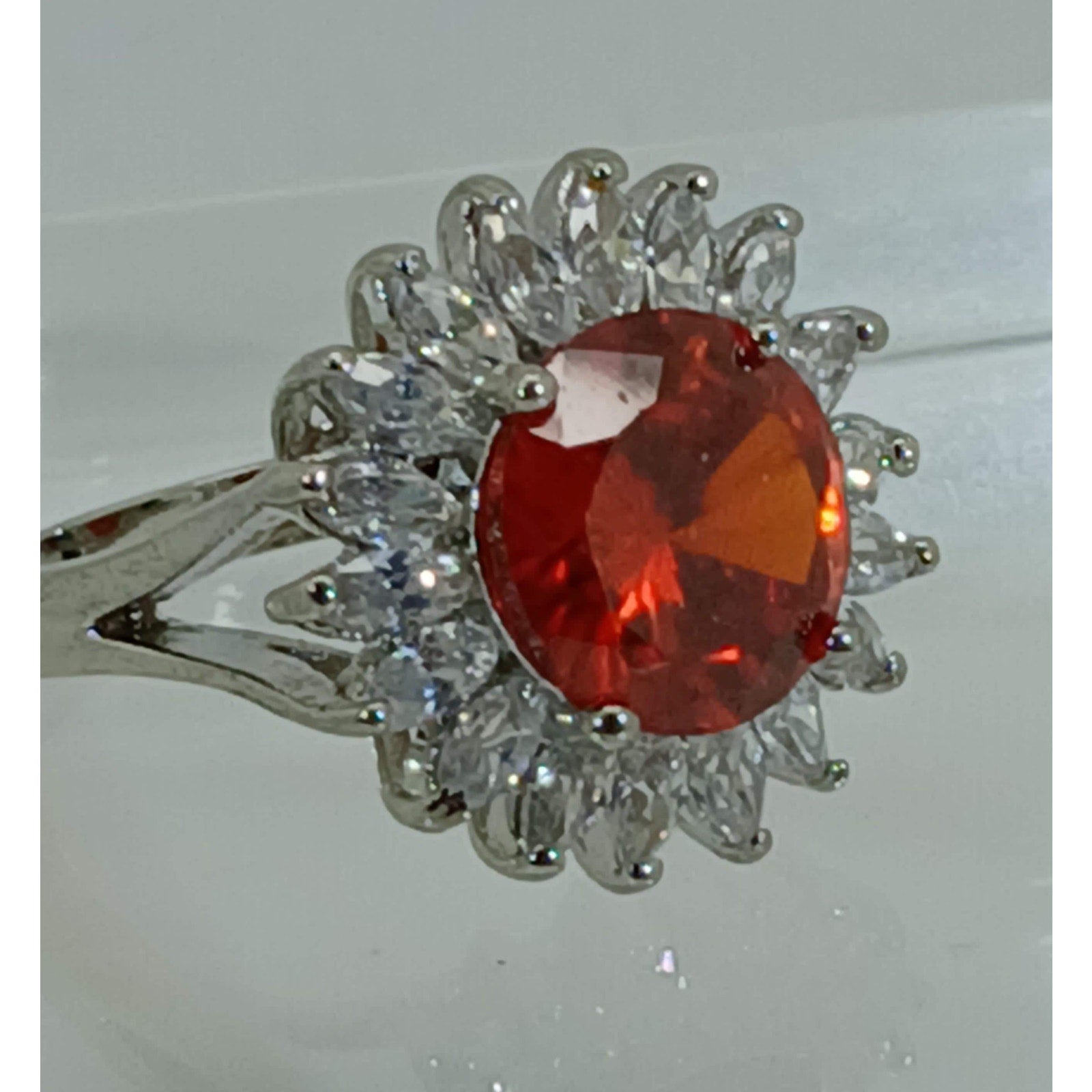 Vintage Ring Size 6.5 Silver Tone White Gold GP Orange CZ Cluster Cocktail NOS