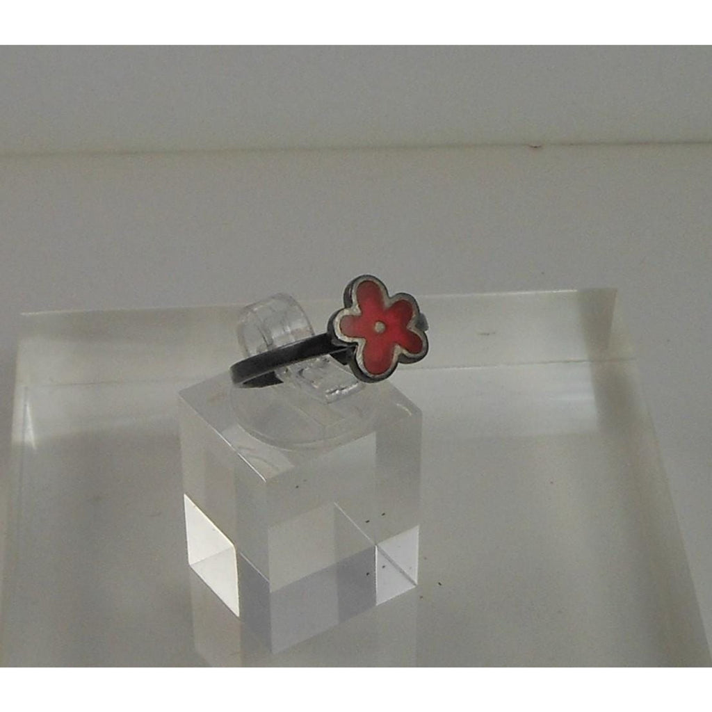 Fun Vibrant Red Flower Ring in Oxidized Sterling Silver - Size 8 - Enamel Resin