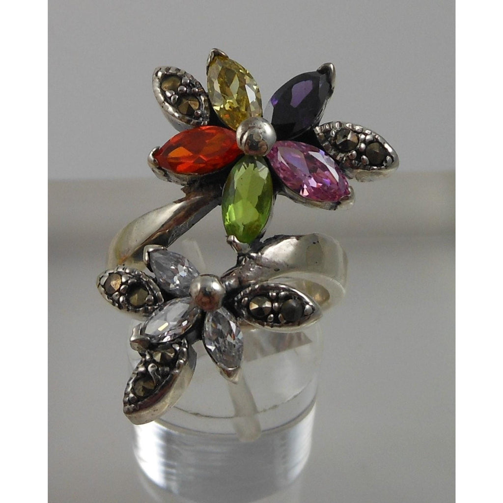Artistc Vintage 1990's Sterling Silver Flower Bypass Ring Thailand Size 8 - HoneyThomas.com