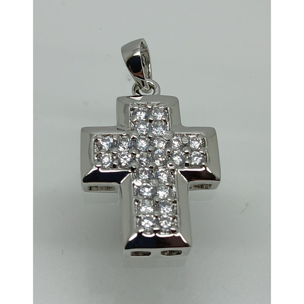 Elegant 90s Vintage Sterling Silver Cross Pendant with Sparkling White CZ Stones - HoneyThomas.com