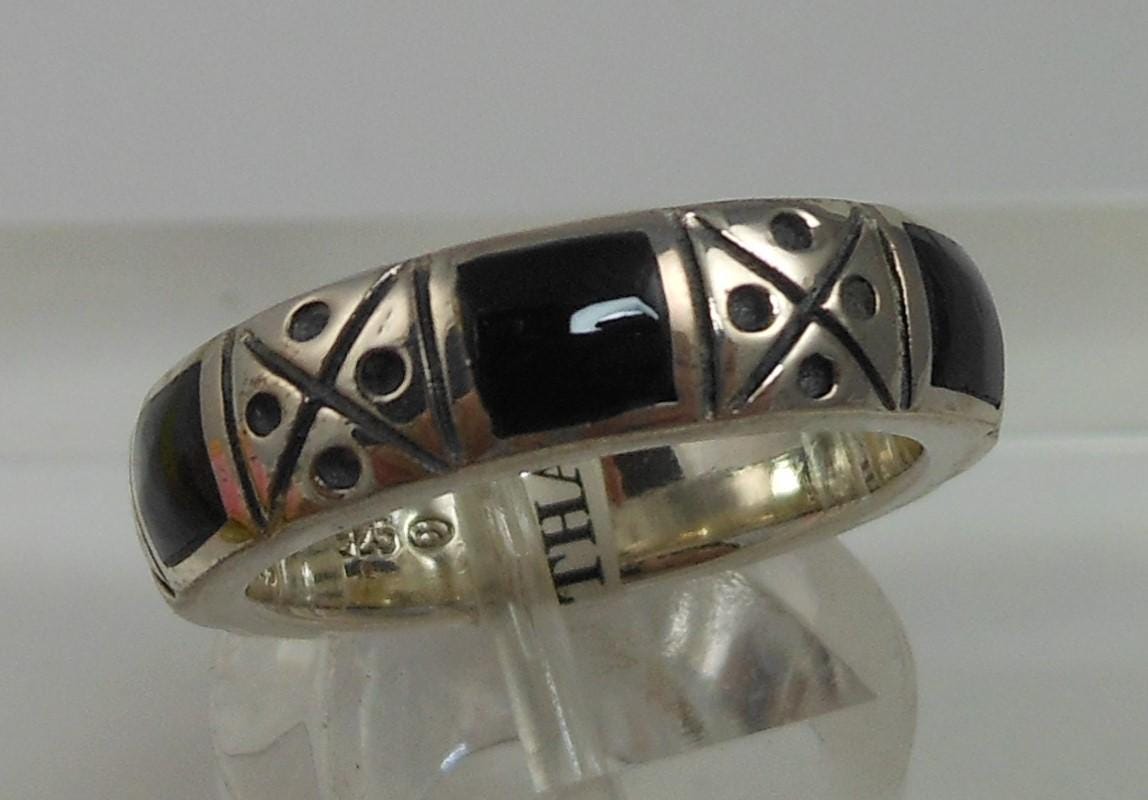 Vintage Black Sterling Silver Band Ring, Designer Signed, Size 6.25