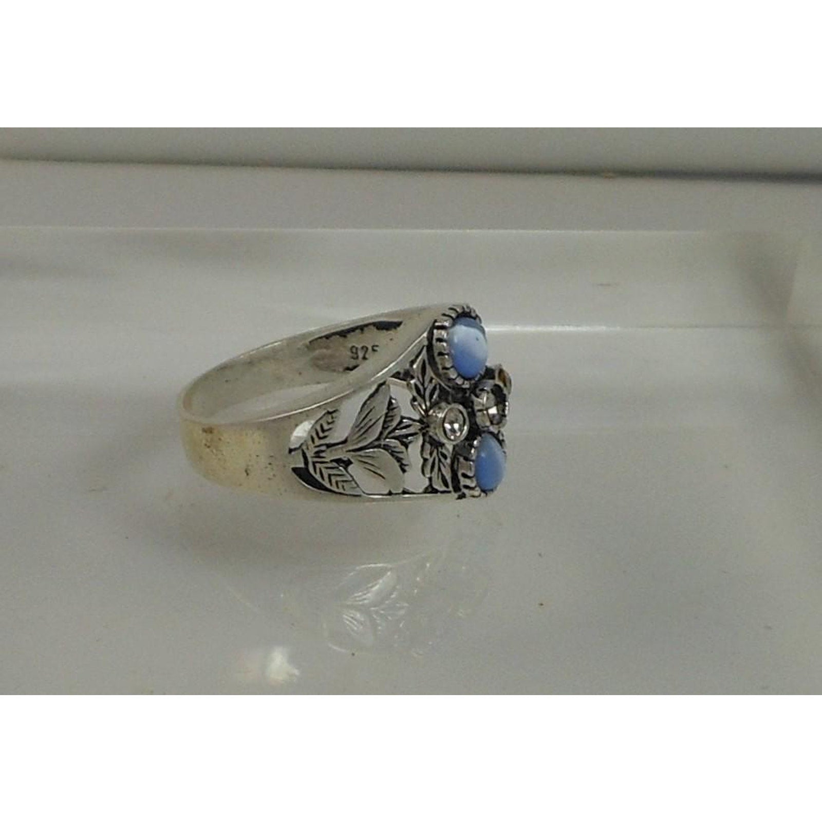 Vintage Sterling Silver Blue Cat's Eye Chrysoberyl CZ Ring NOS Size 8.25 3.4g