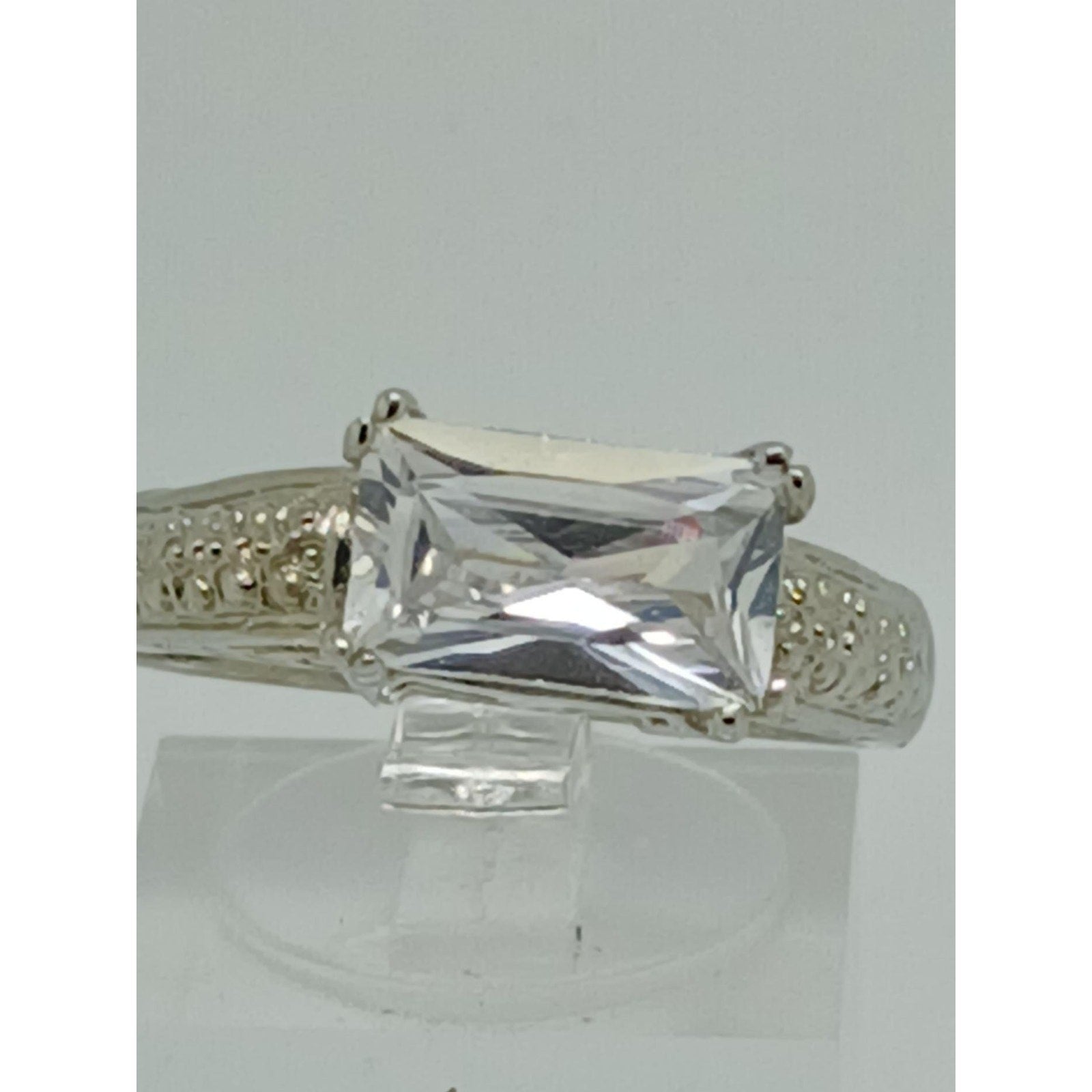 Vintage White Gold Plated CZ Engagement Ring 3.0 Carat Radiant Cut Stone Size 9 - HoneyThomas.com