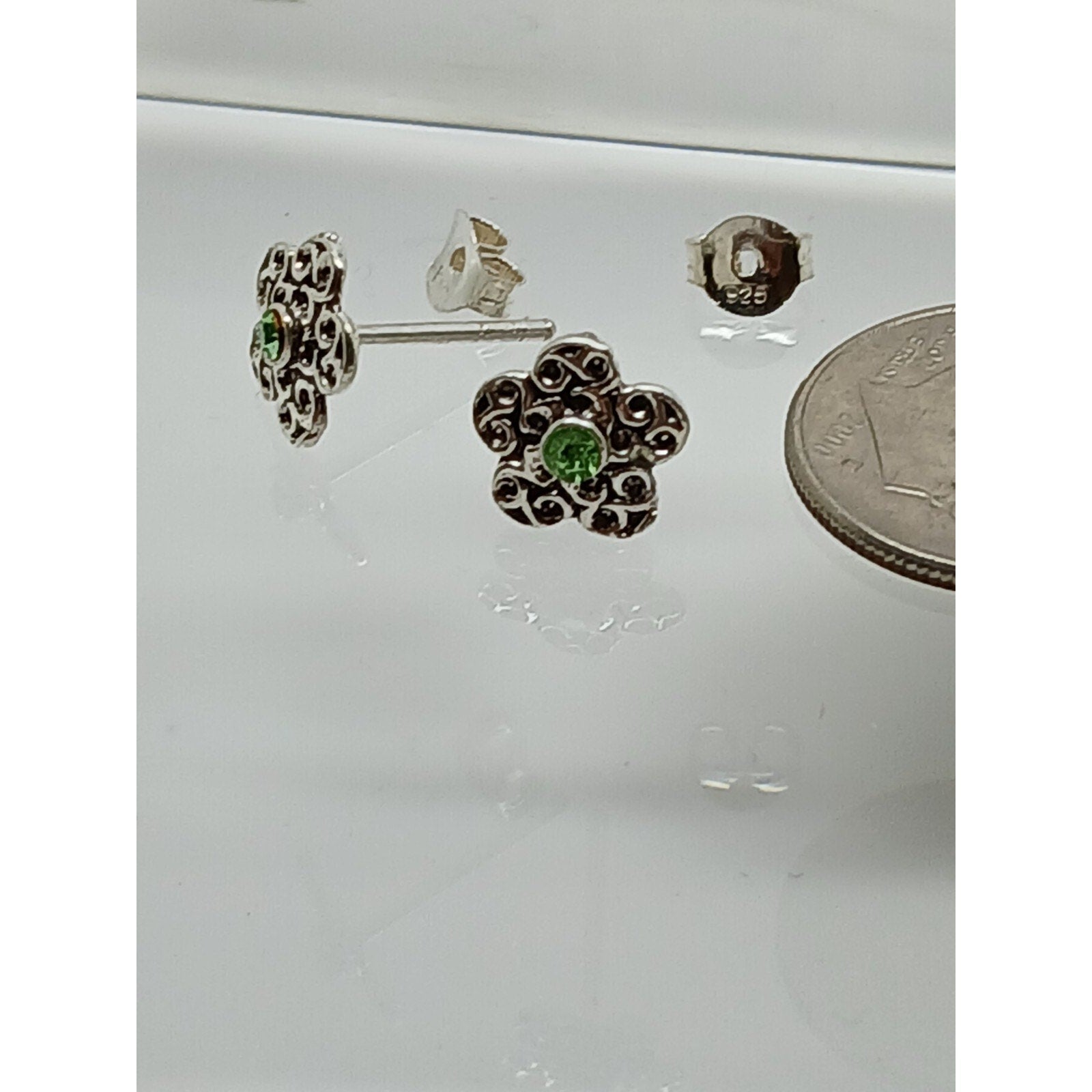 Vintage Estate Jewelry NOS .925 Sterling Silver Green Crystal Flower Earrings - HoneyThomas.com