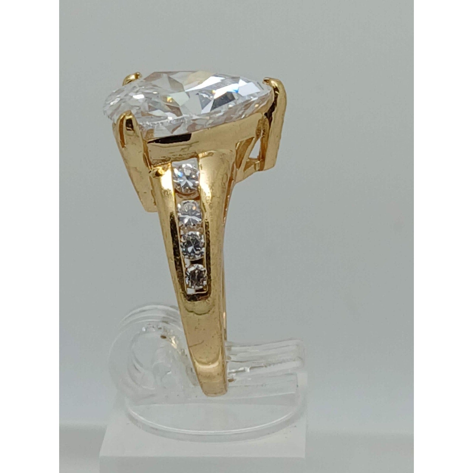 1990's Vintage Bold Trilliant Cut 8 CT Gold HGE CZ Sim Diamond Ring Size 7 Rare - HoneyThomas.com