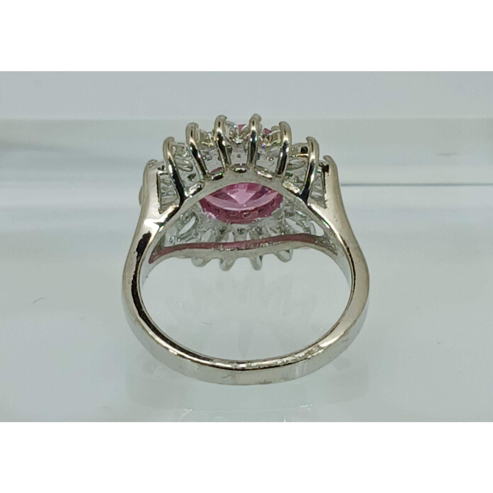 Vintage Ring Size 7.5 Silver Tone White Gold GP Pink CZ Cluster Cocktail NOS - HoneyThomas.com