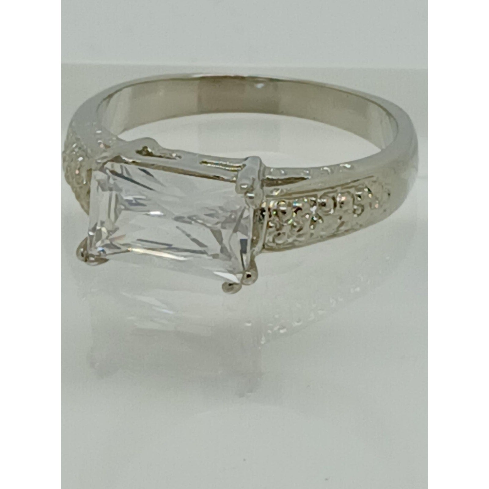 Vintage White Gold Plated CZ Engagement Ring 3.0 Carat Radiant Cut Stone Size 9 - HoneyThomas.com