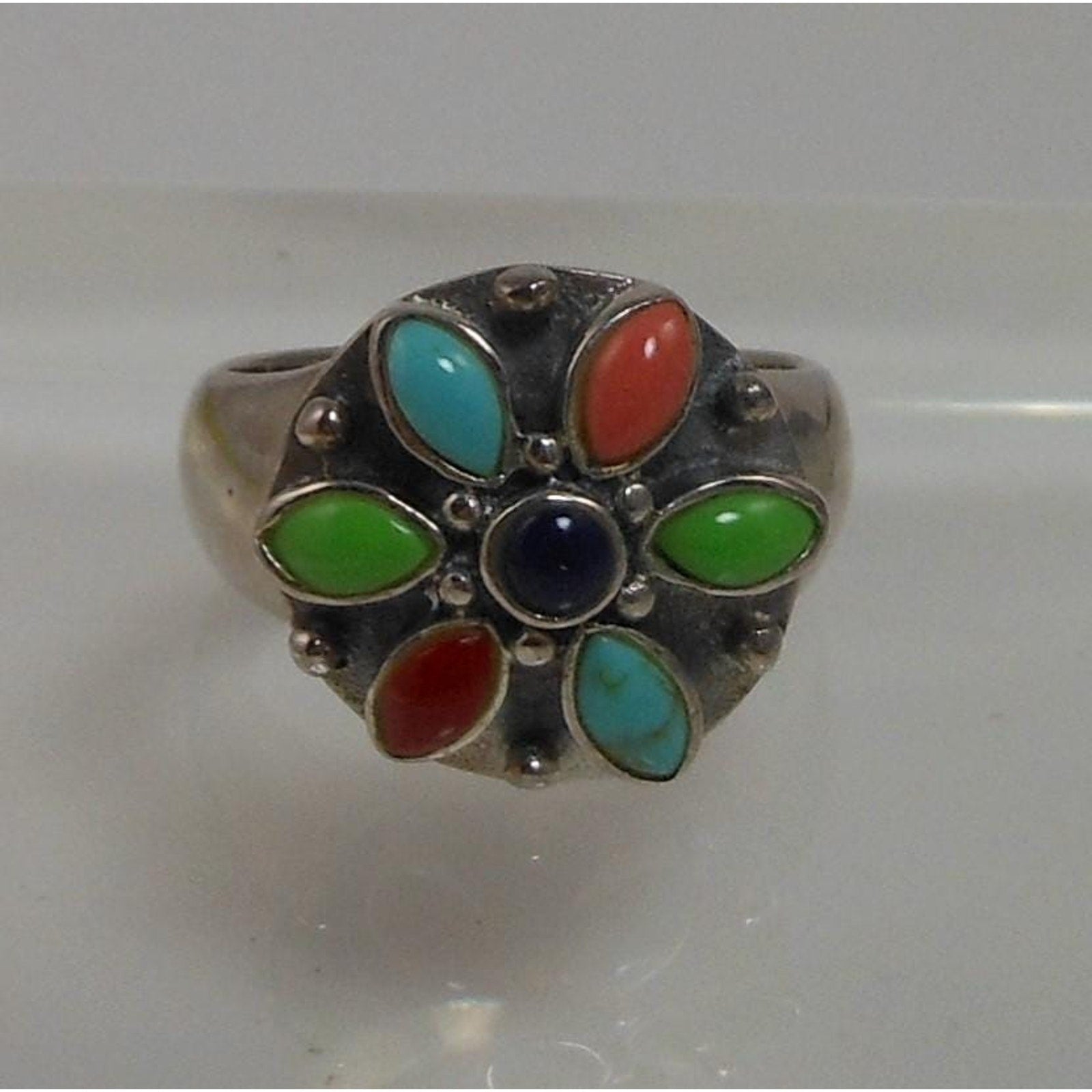 Vintage Designer Sterling Silver Turquoise Coral Garnet Ring - Size 7.75 - HoneyThomas.com