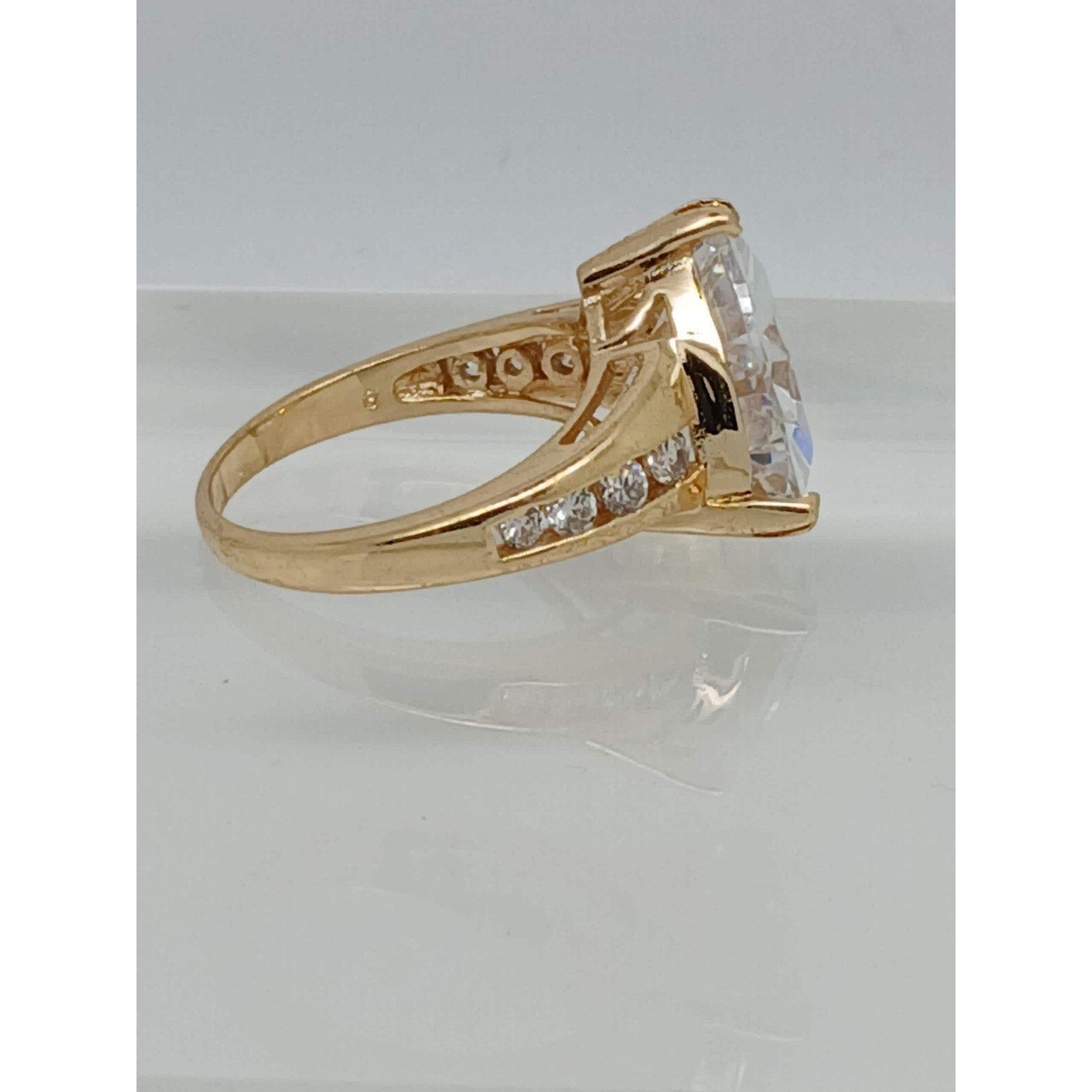 1990's Vintage Bold Trilliant Cut 8 CT Gold HGE CZ Sim Diamond Ring Size 7 Rare - HoneyThomas.com