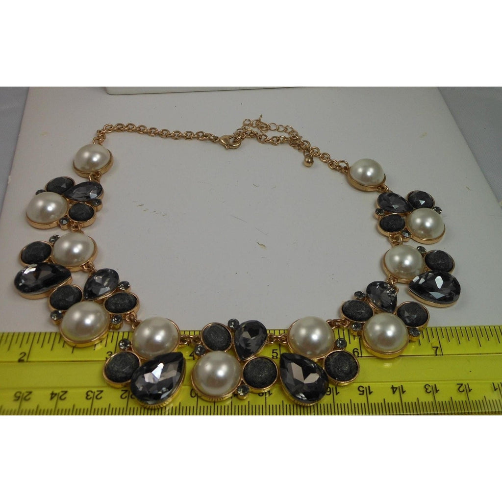 Elegant Vintage Faux Pearl Necklace with Gold and Grey Accents Statement Jewelry - HoneyThomas.com