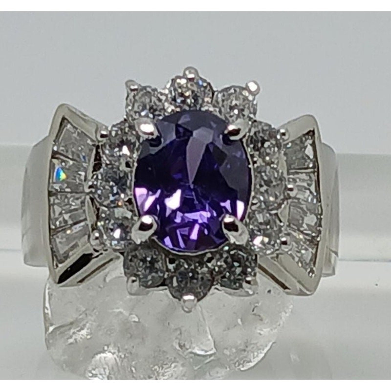 Dramatic Glam 1990's Vintage Sterling Silver Ring Simulated Amethyst CZ Size 6.5 - HoneyThomas.com
