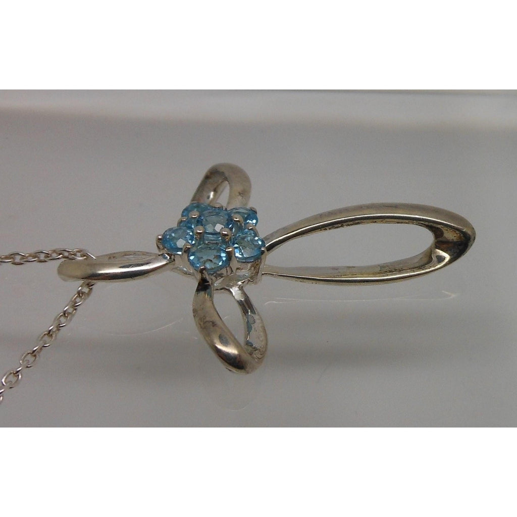 Vintage Sterling Silver Blue Topaz Flower Slide Cross Pendant Necklace Chain - HoneyThomas.com