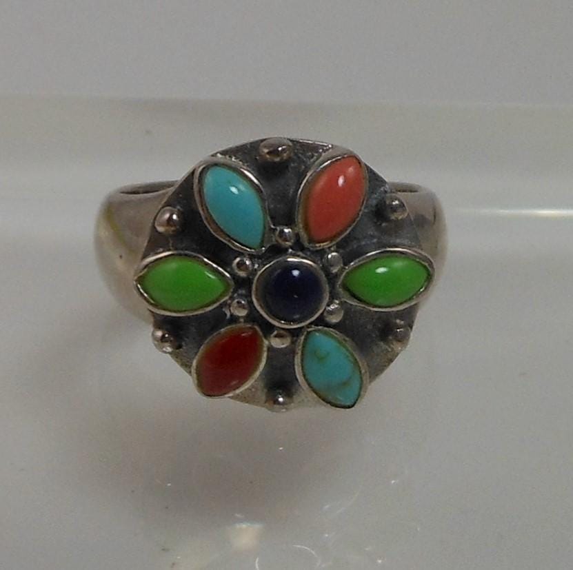 Vintage Designer Sterling Silver Turquoise Coral Garnet Ring - Size 7.75