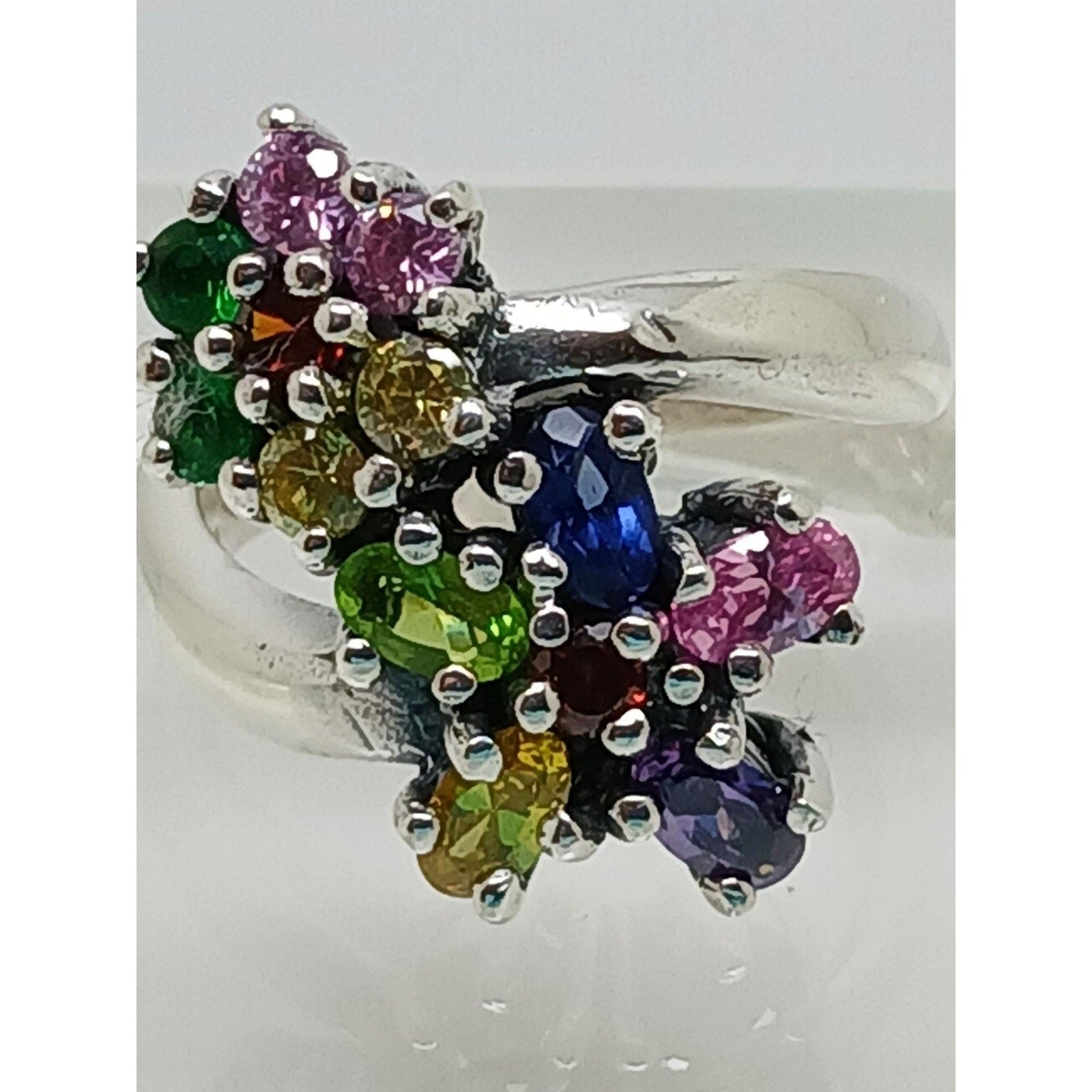 Vintage 1990's Floral Sterling Silver Bypass Band Ring Gemstones CZ Size 8.5 - HoneyThomas.com