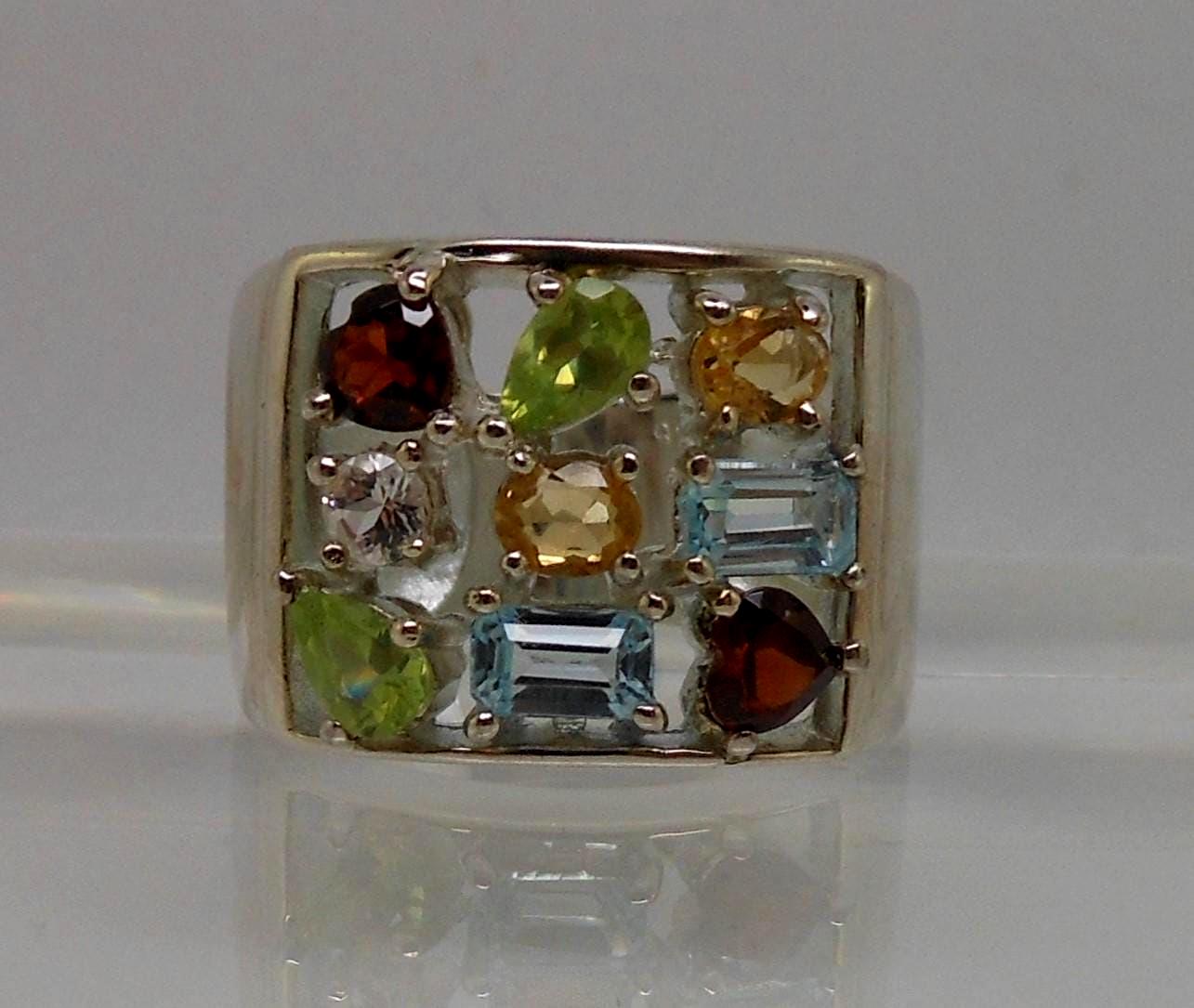 Vintage Sterling Silver Gemstone Ring: Garnet, Citrine, Topaz, Peridot - Size 7