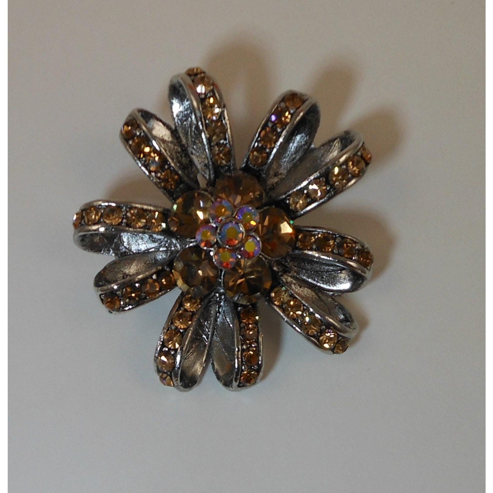 Vintage Amber Topaz AB Flower Ribbon Crystal Rhinestone Silver tone Pin Brooch