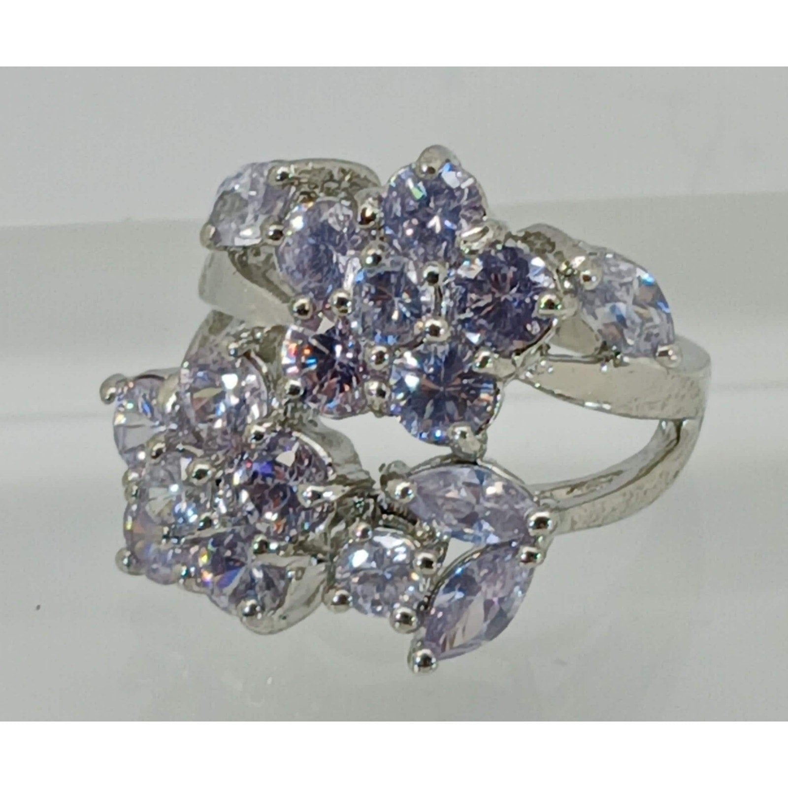 Vintage Ring Size 7 Silver Tone White Gold GP Brilliant Sim Diamond CZ Cocktail - HoneyThomas.com