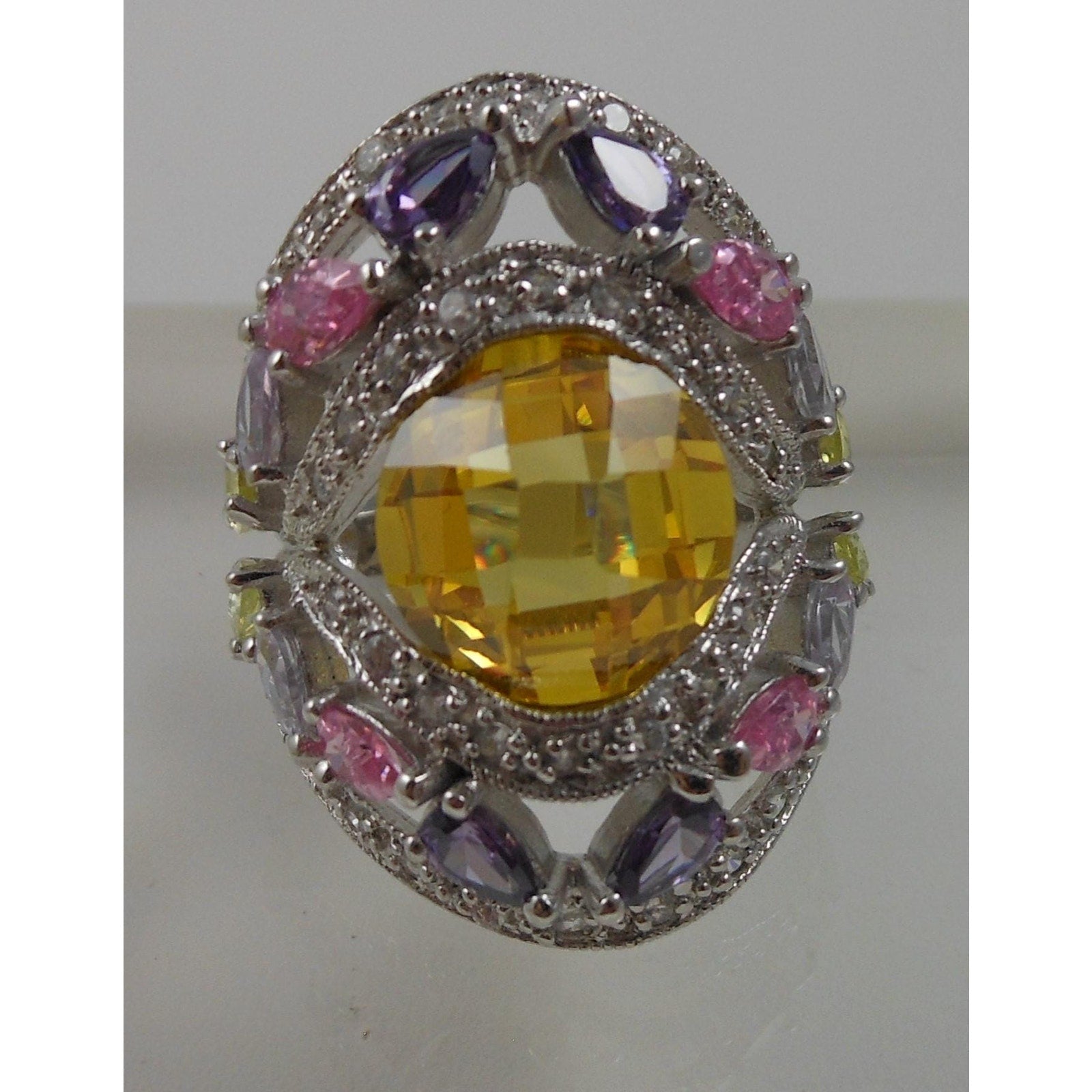 Vintage 1990's CZ Cocktail Ring Size 8 Simulated Canary Diamond Pink Sapphire