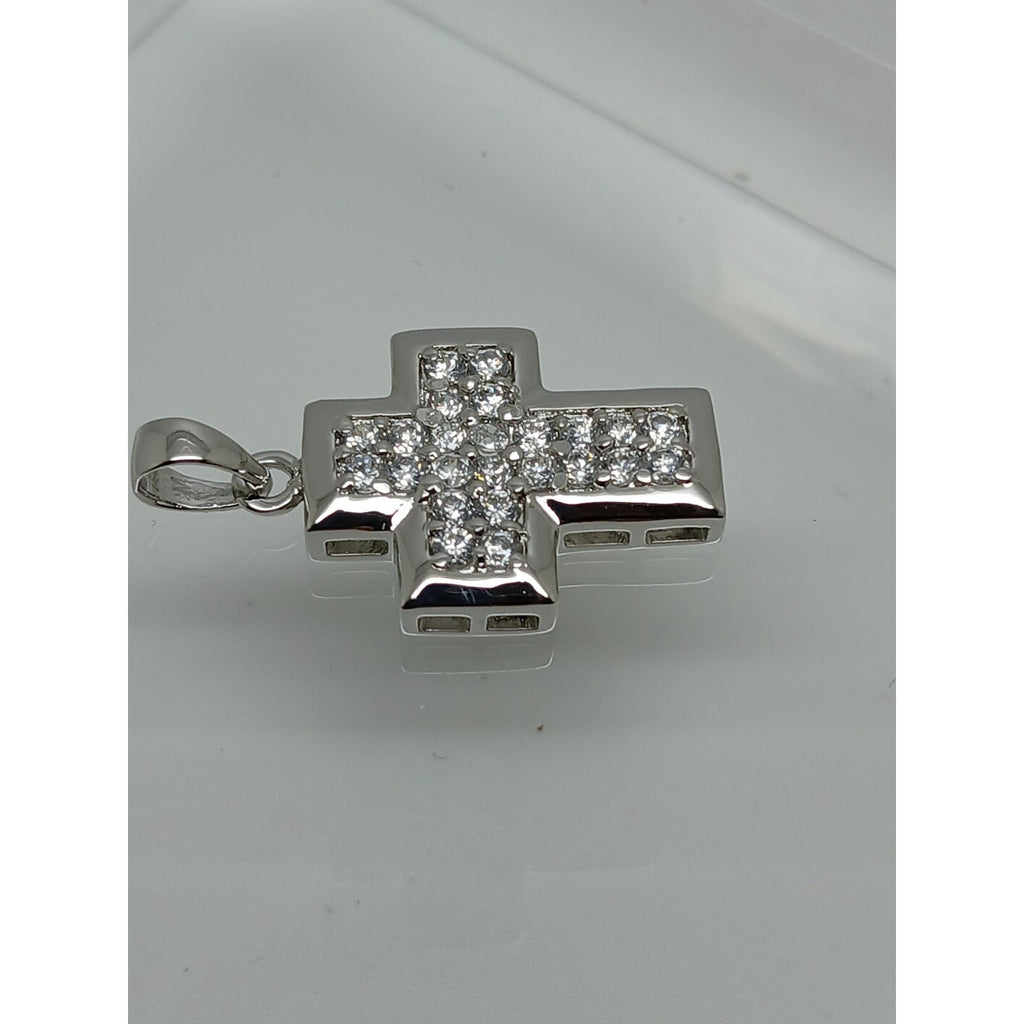 Elegant 90s Vintage Sterling Silver Cross Pendant with Sparkling White CZ Stones - HoneyThomas.com