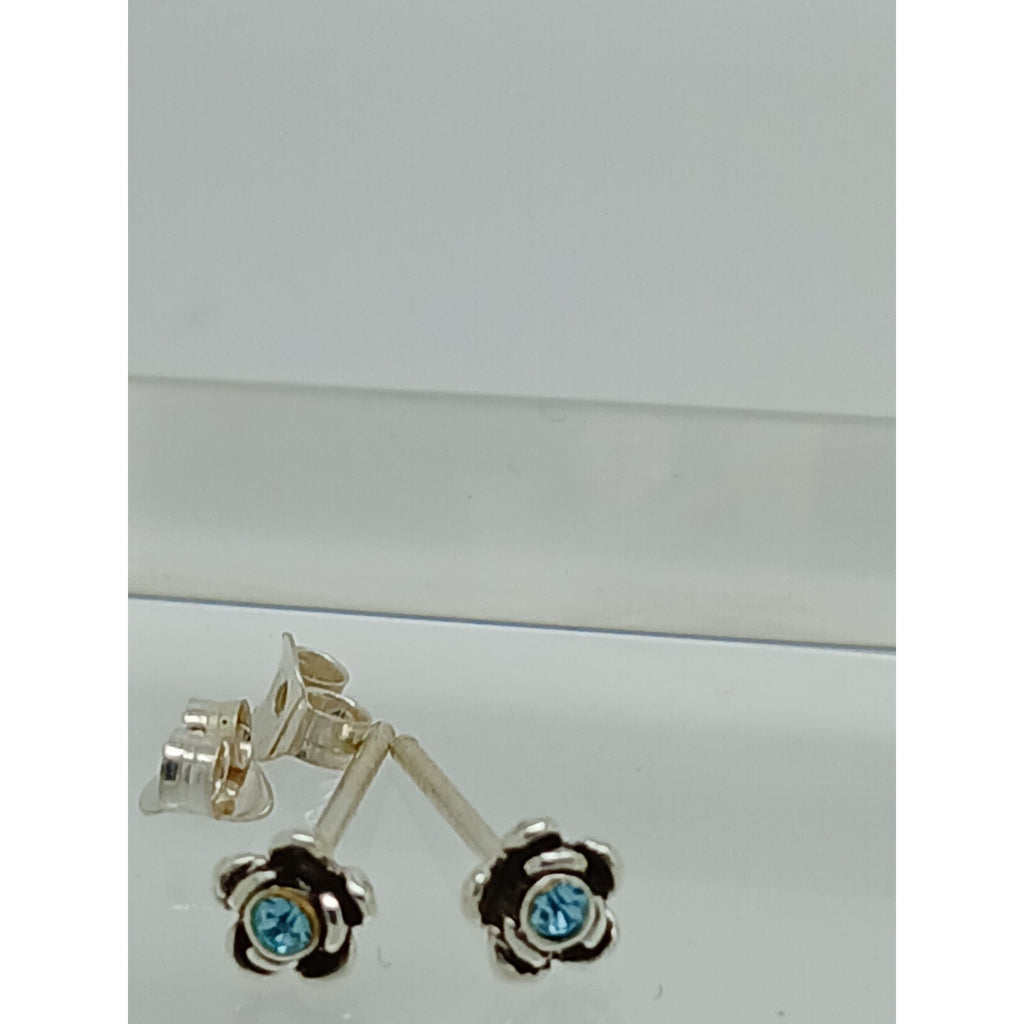 Vintage Estate Jewelry NOS .925 Sterling Silver Sky Blue Rose Crystal Earrings - HoneyThomas.com